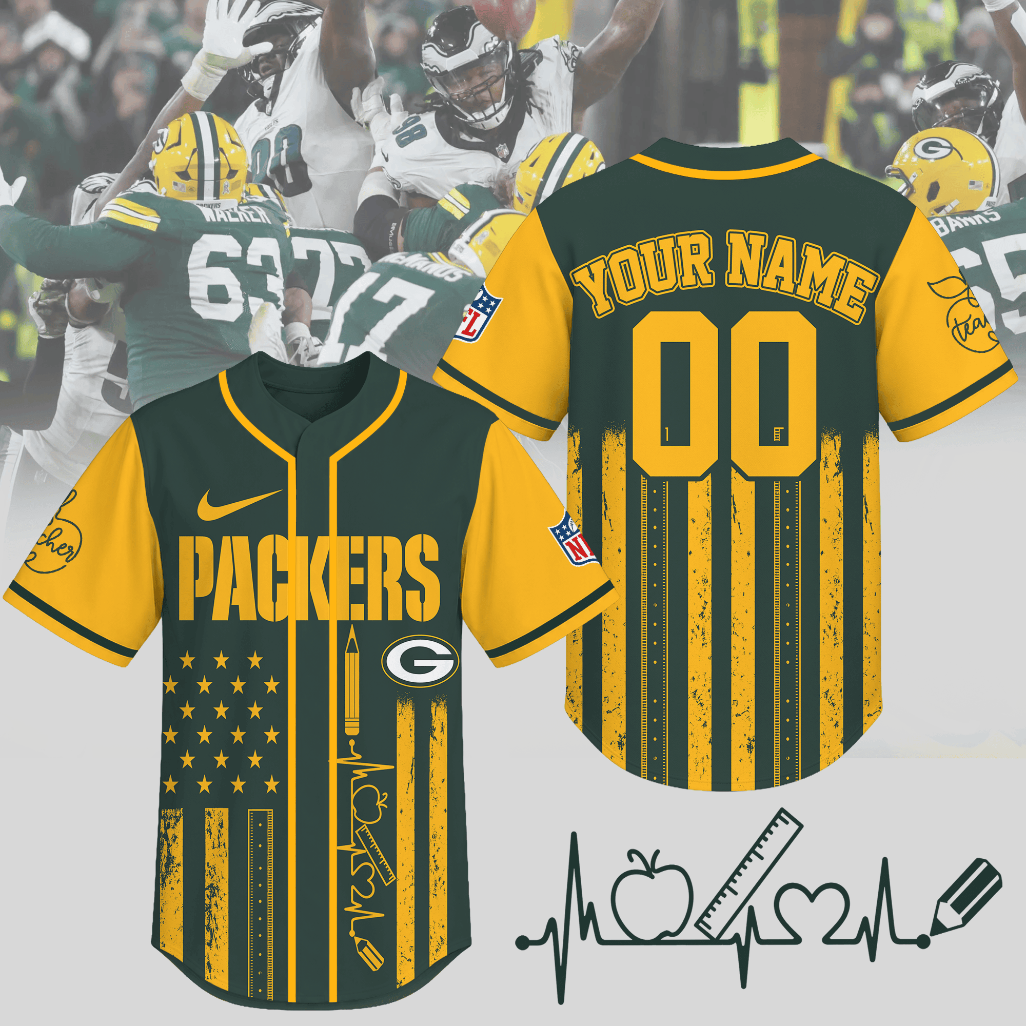 Green Bay Packers | Premium NFL Personalized Teacher Heartbeat Jersey NTH1