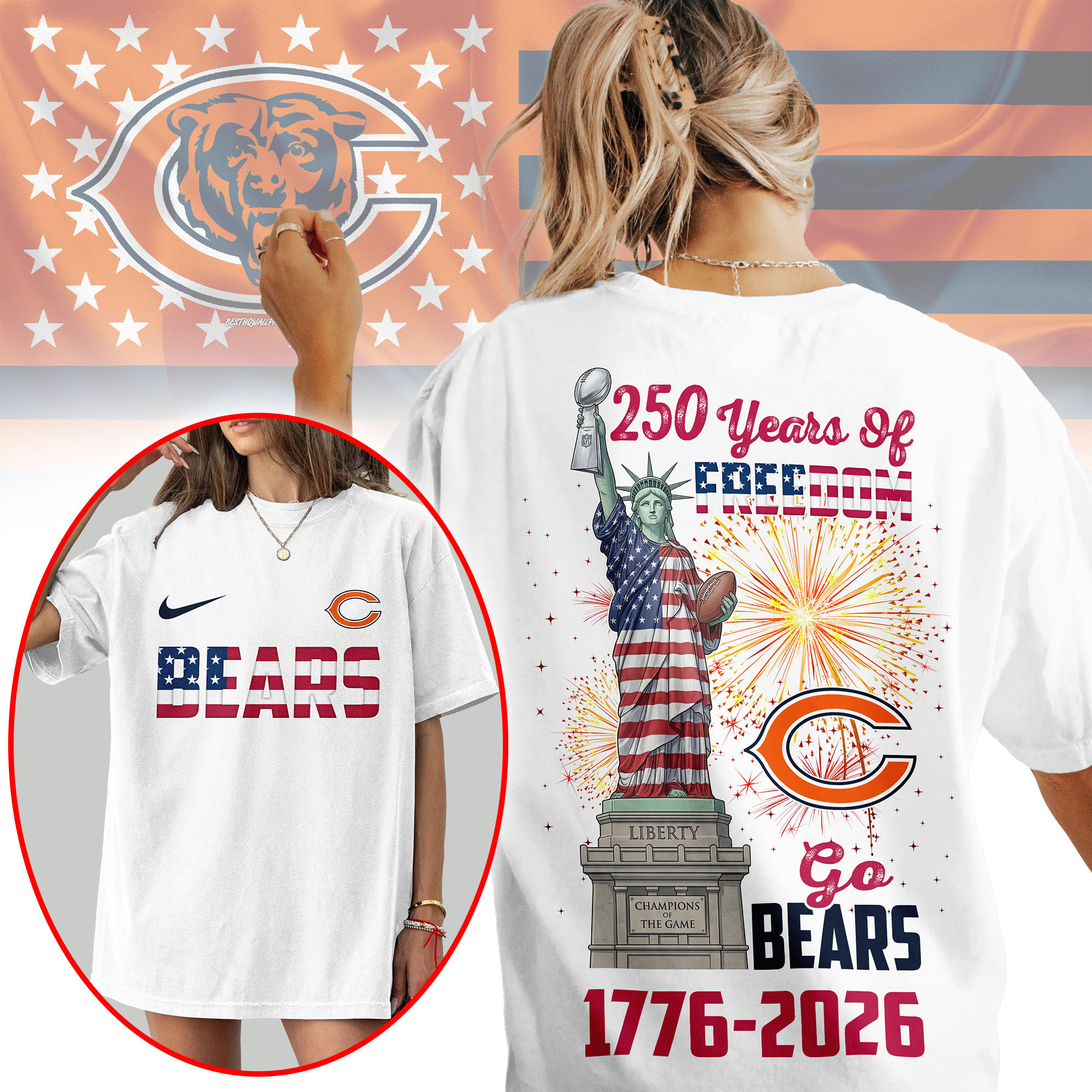 Chicago Bears | Premium NFL Statue Of Liberty 250th Anniversary 3D Shirt NP