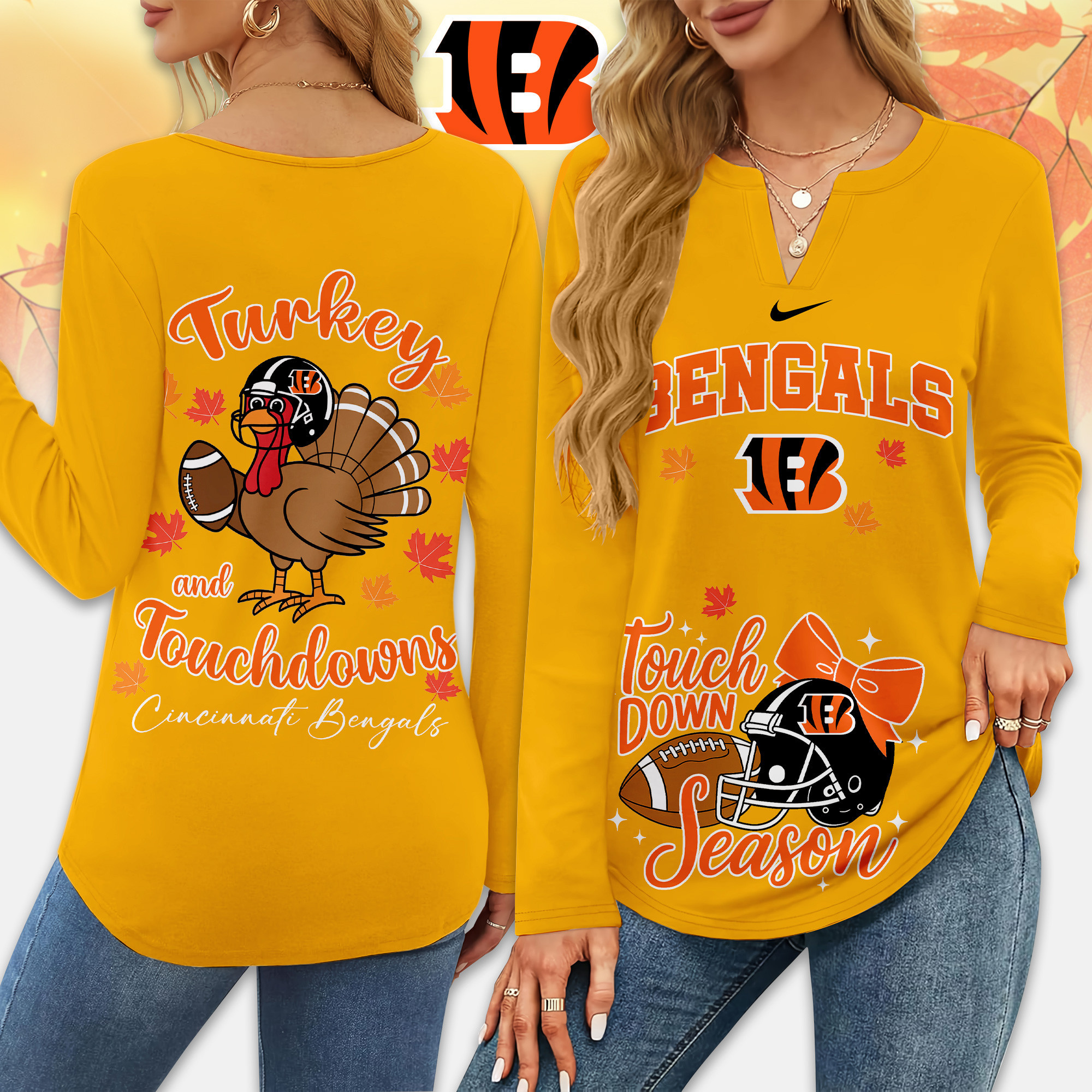 Cincinnati Bengals | Premium NFL Turkey and Touchdowns V-neck Long Sleeve Shirt TD