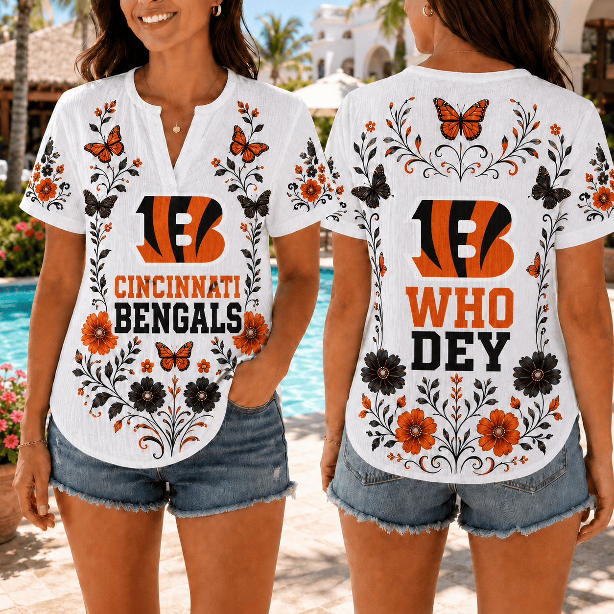 Cincinnati Bengals | Premium NFL Butterfly Game Day Women’s Summer Linen Shirt TD