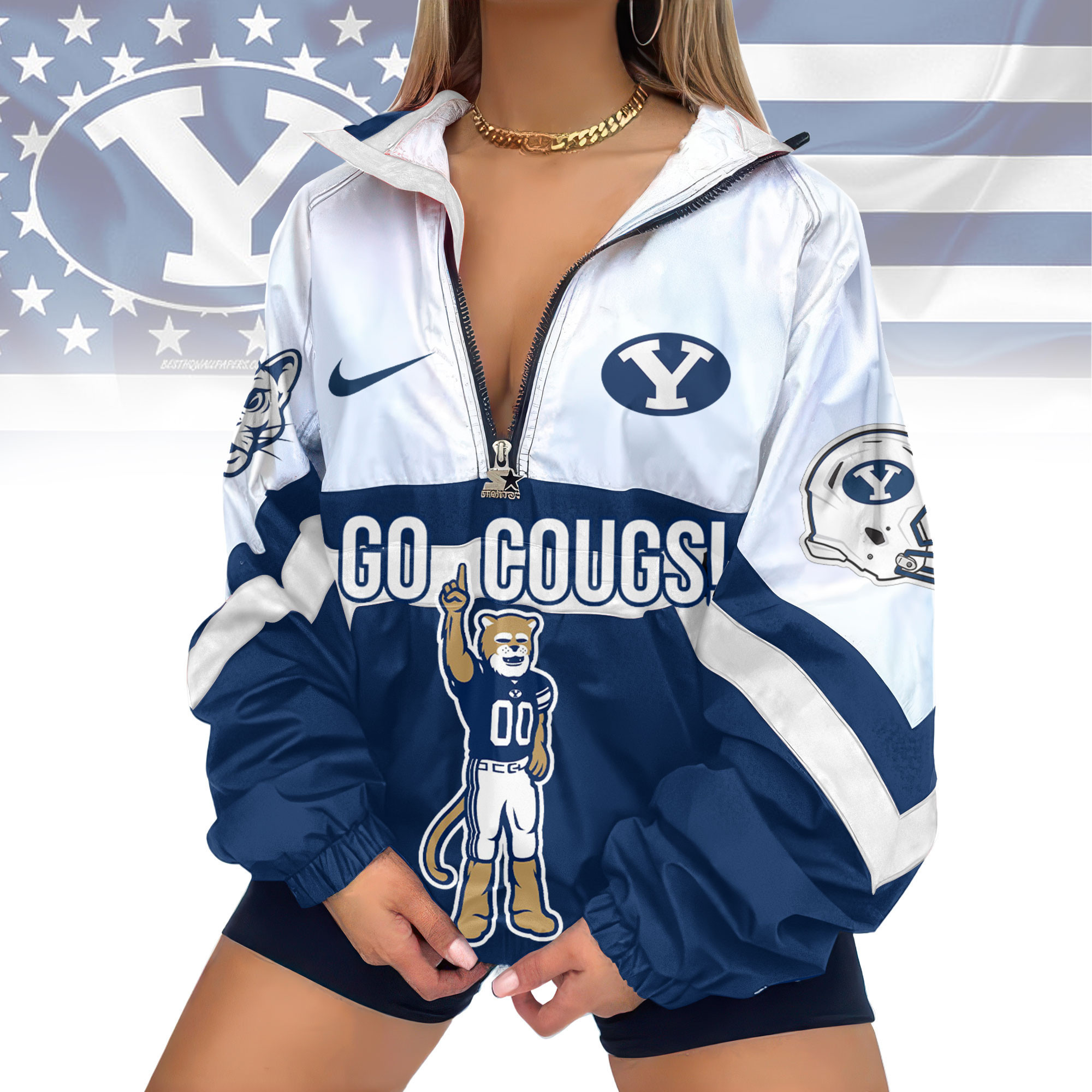 BYU Cougars | Premium Women's Printed V-Neck Zipper Sweatshirt Jackets TD