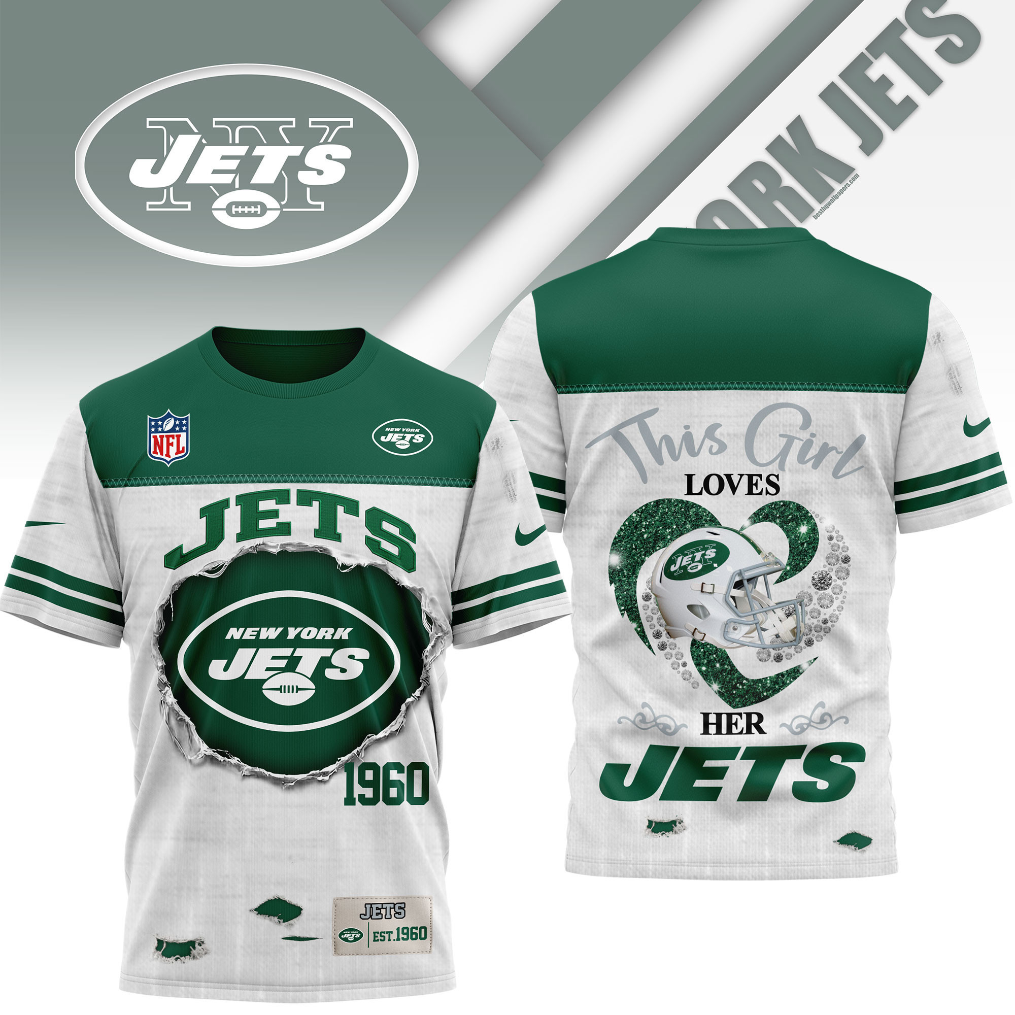 New York Jets | Premium NFL Girl Heart & Helmet 3D Shirt NTH1