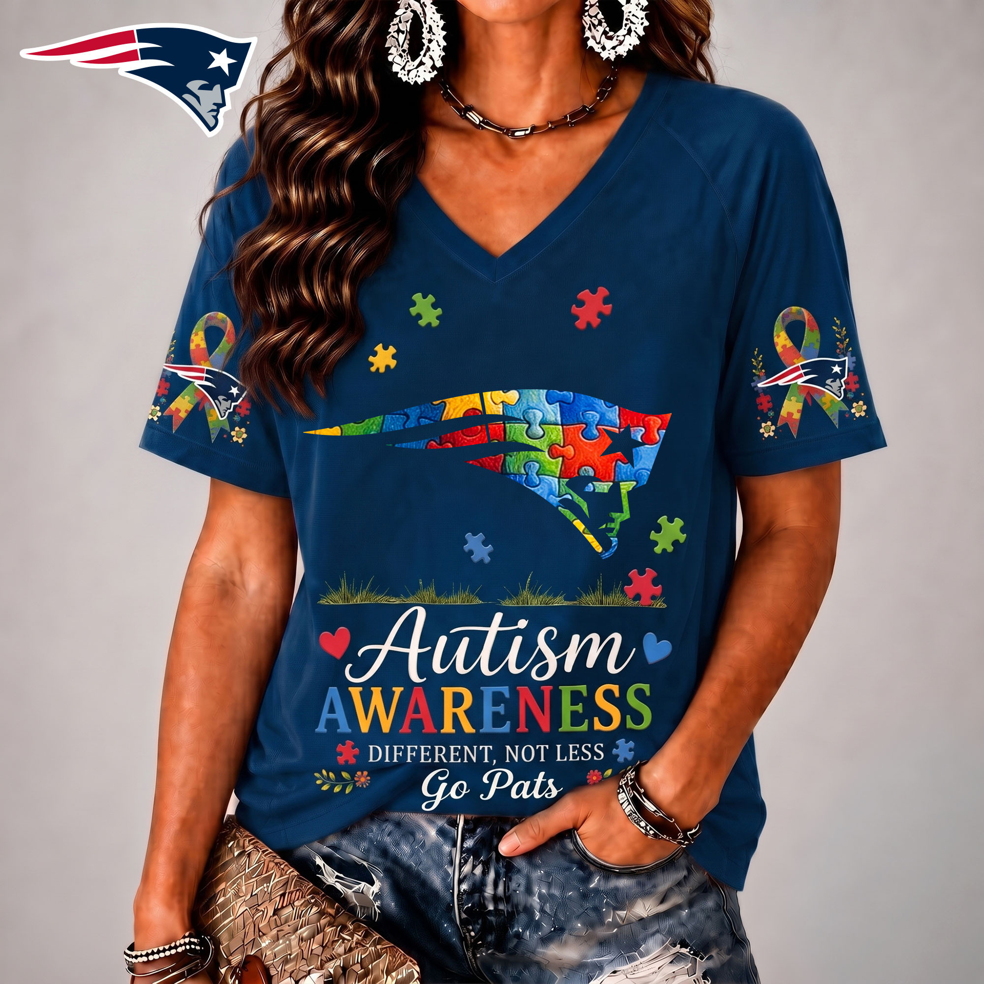New England Patriots| Premium NFL Different, Not Less Autism Awareness V-neck Shirt NY