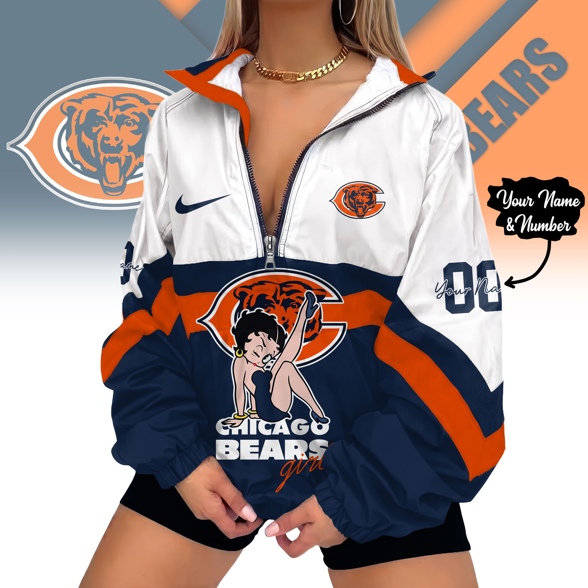 Chicago Bears | Premium NFL Custom Game Day Girl Windbreaker V-Neck Zipper Sweatshirt Jackets NTH1