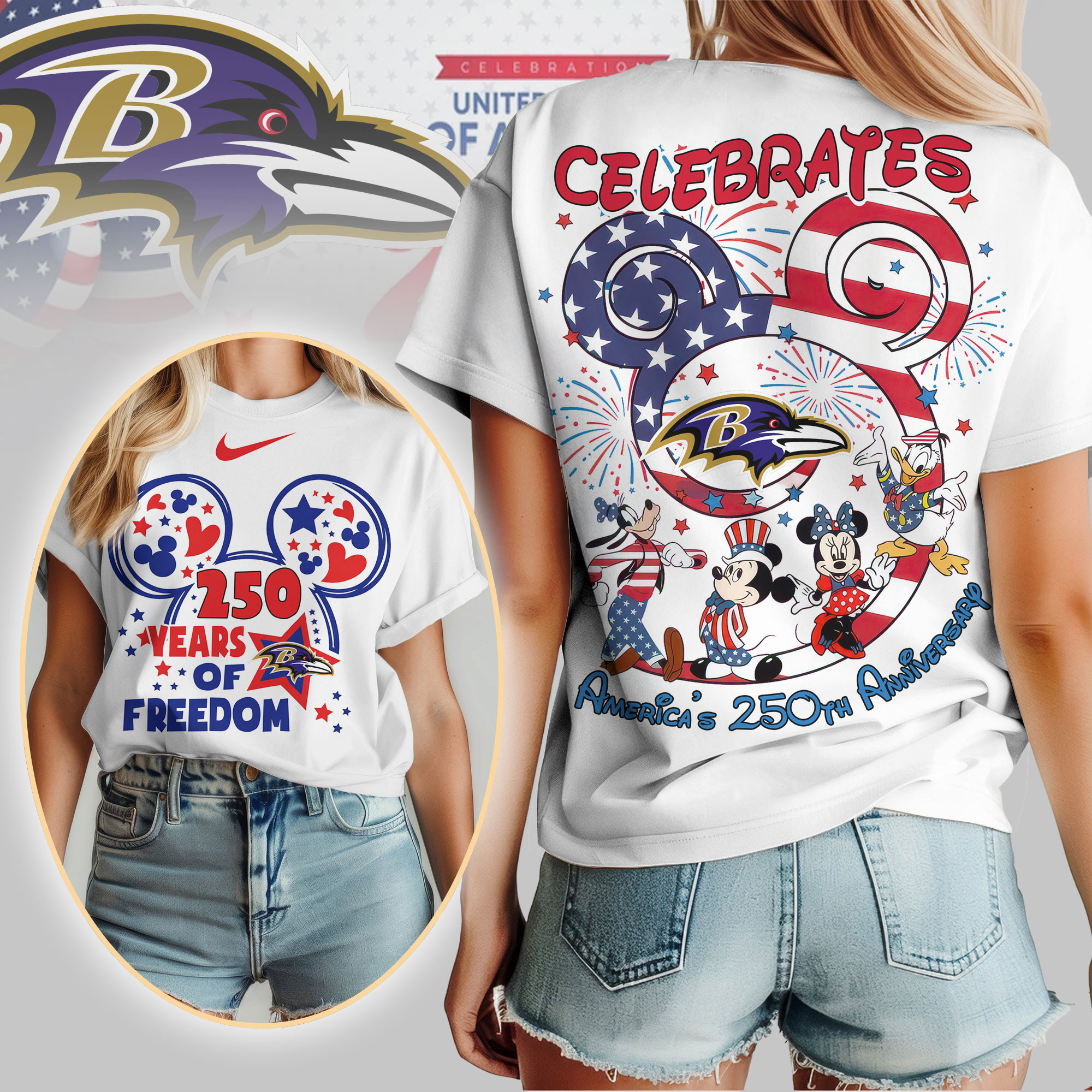 Baltimore Ravens | Premium NFL Mickey Celebrates America 250th Anniversary Women Shirt TD