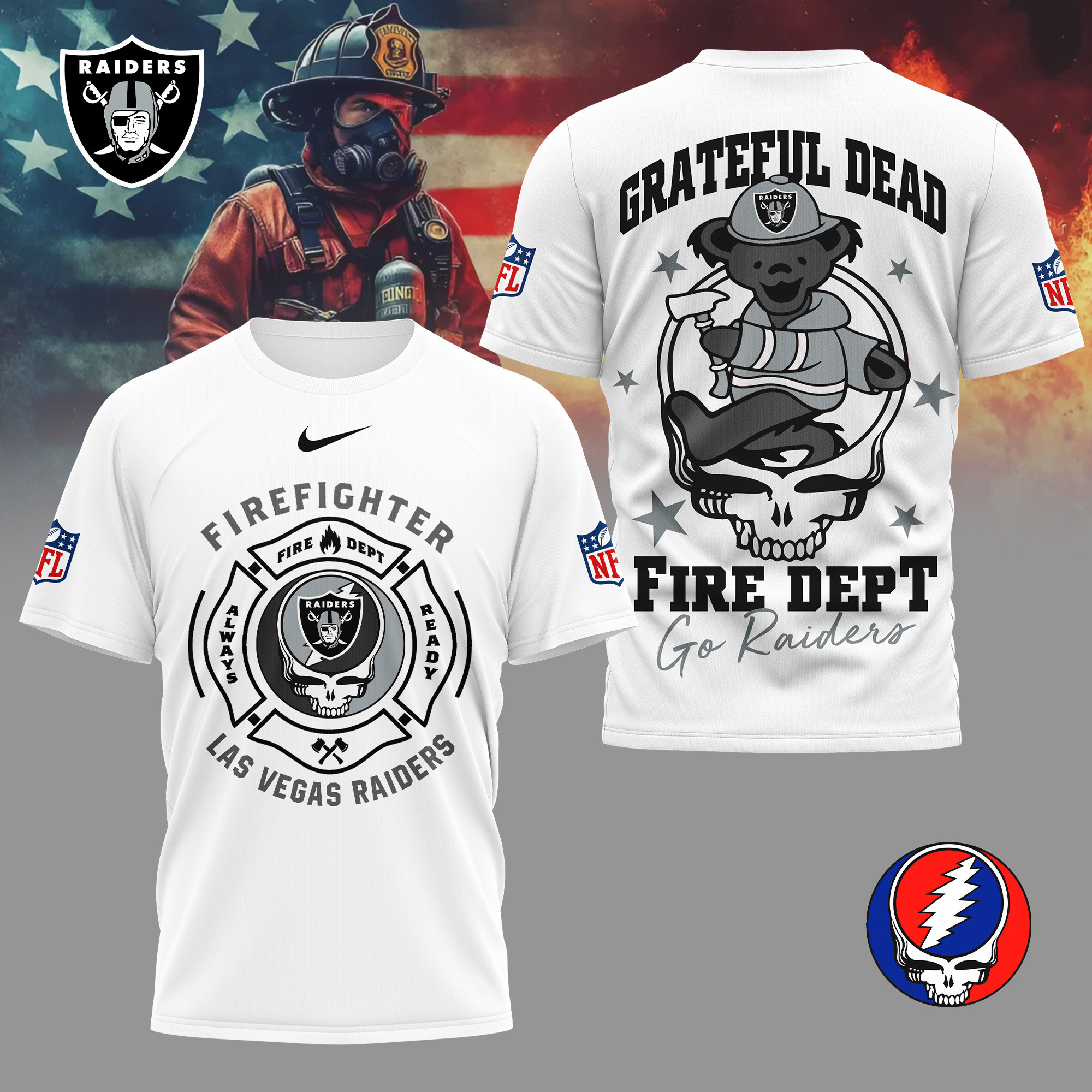 Las Vegas Raiders | Premium NFL Grateful Dead Firefighter 3D Shirt NY