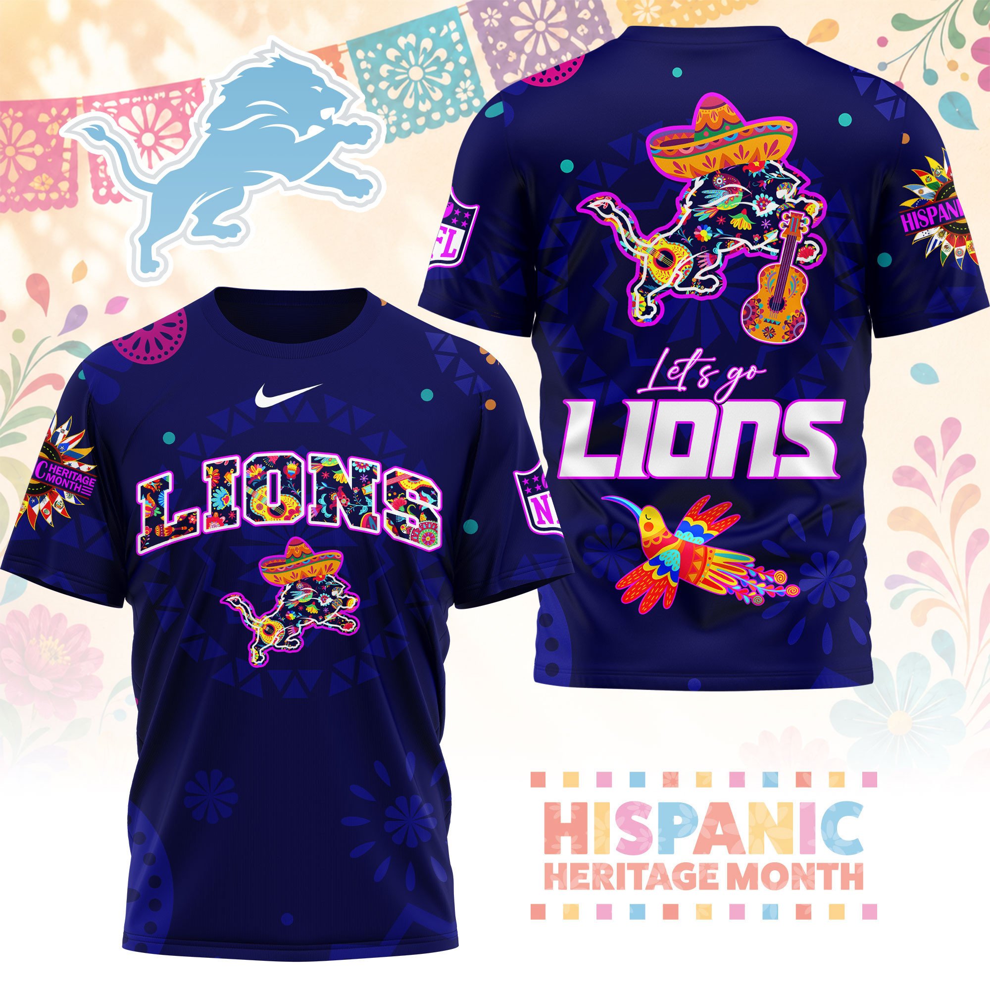 Detroit Lions | Premium NFL Hispanic Heritage Fiesta 3D Shirt NY