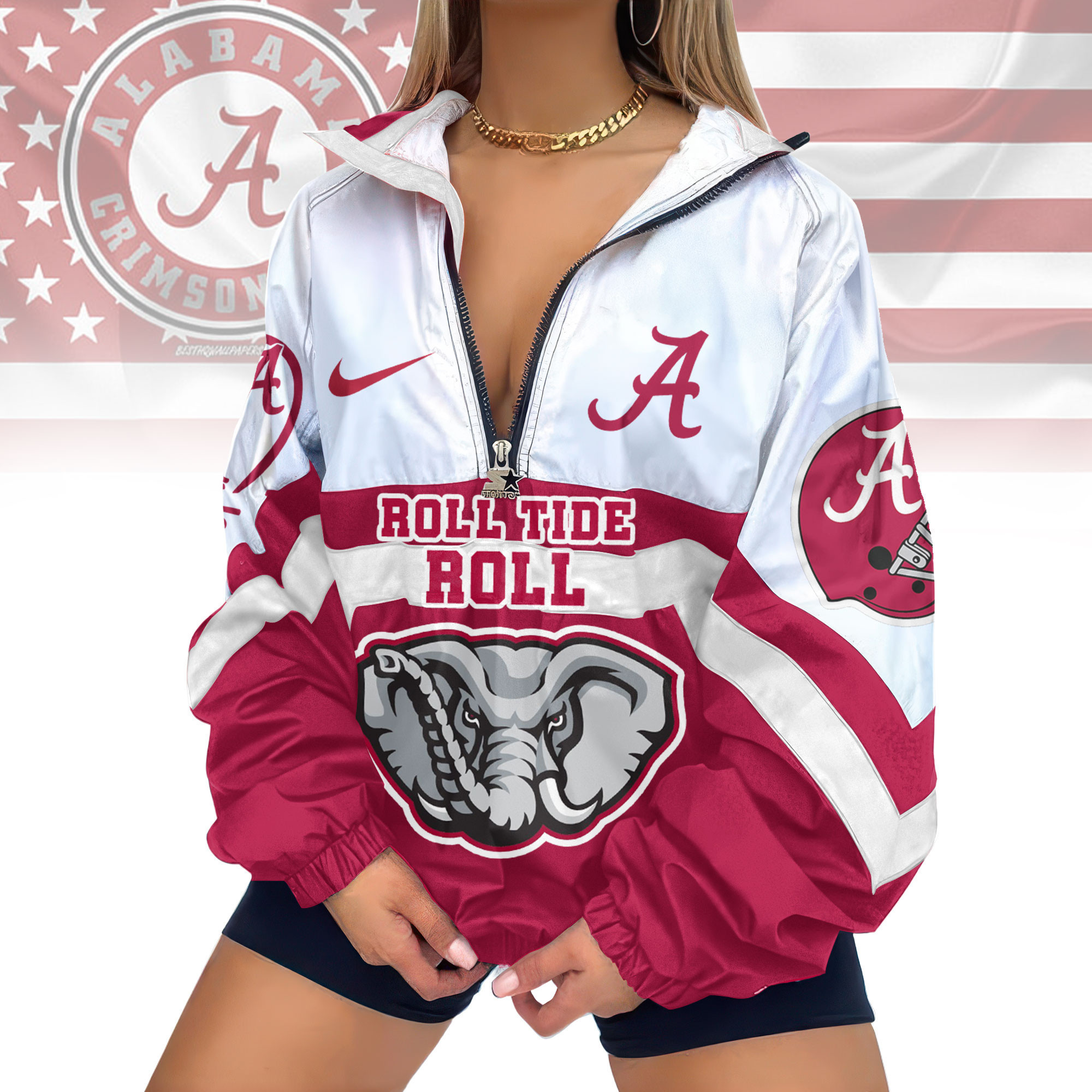 Alabama Crimson Tide | Premium Women's Printed V-Neck Zipper Sweatshirt Jackets TD