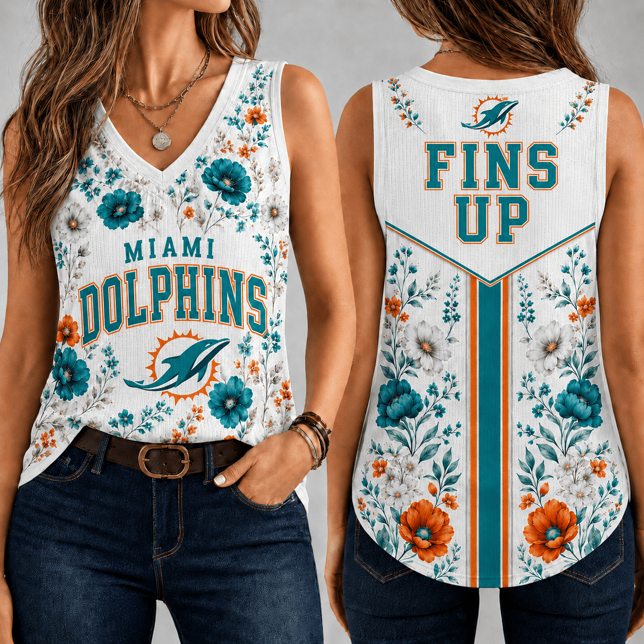 Miami Dolphins | Premium NFL Floral Vintage Game Day Women’s V-Neck Tank Top TD