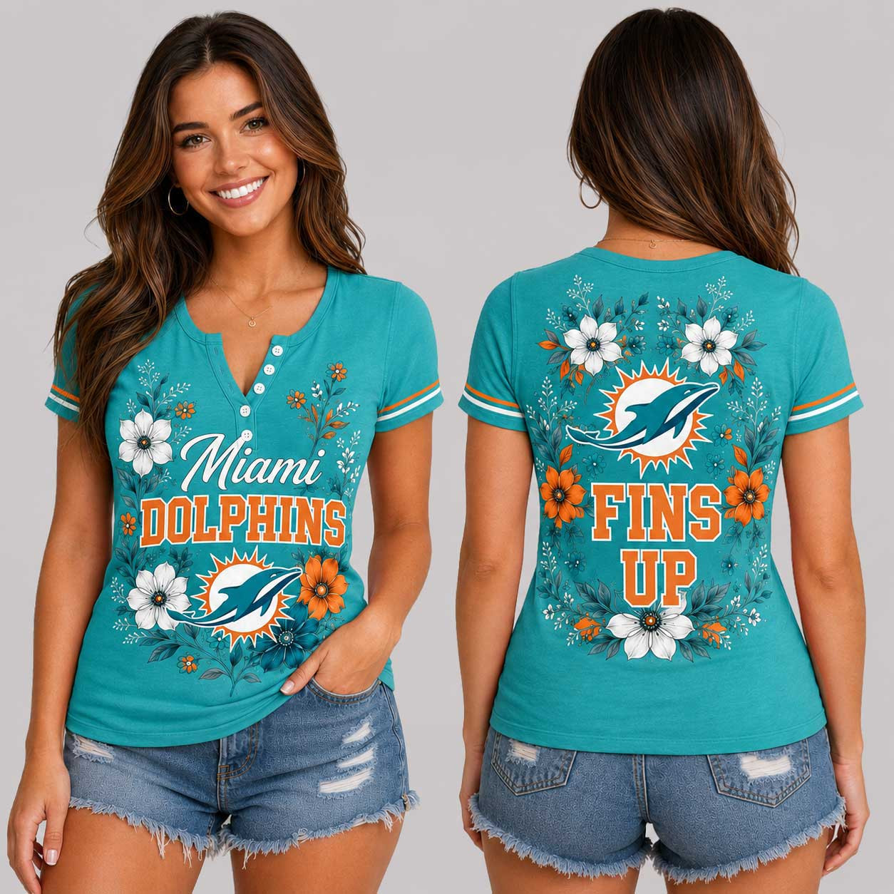 Miami Dolphins | Premium NFL Team Pride Elegant Game Day Women’s Button V-Neck Shirt TD