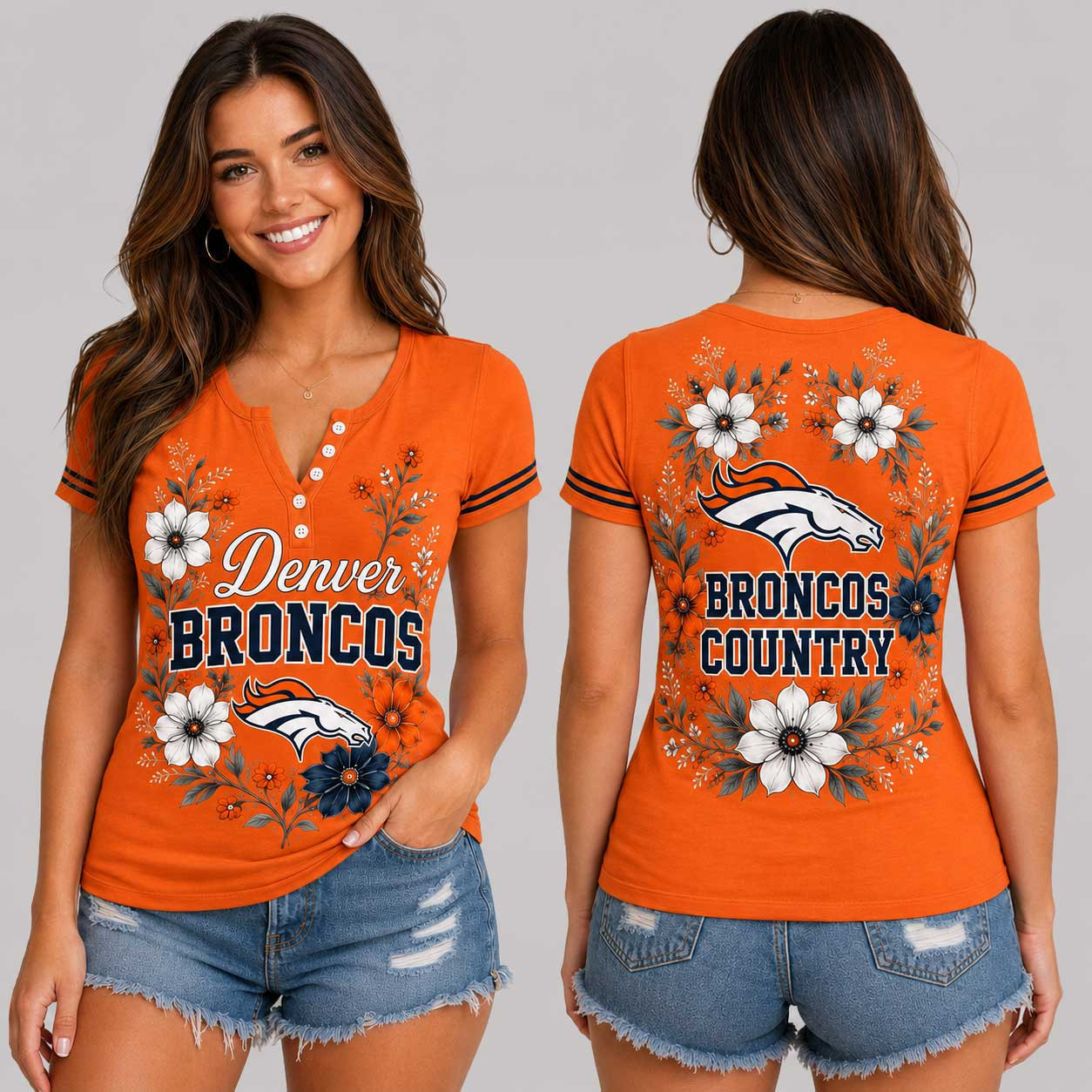 Denver Broncos | Premium NFL Team Pride Elegant Game Day Women’s Button V-Neck Shirt TD