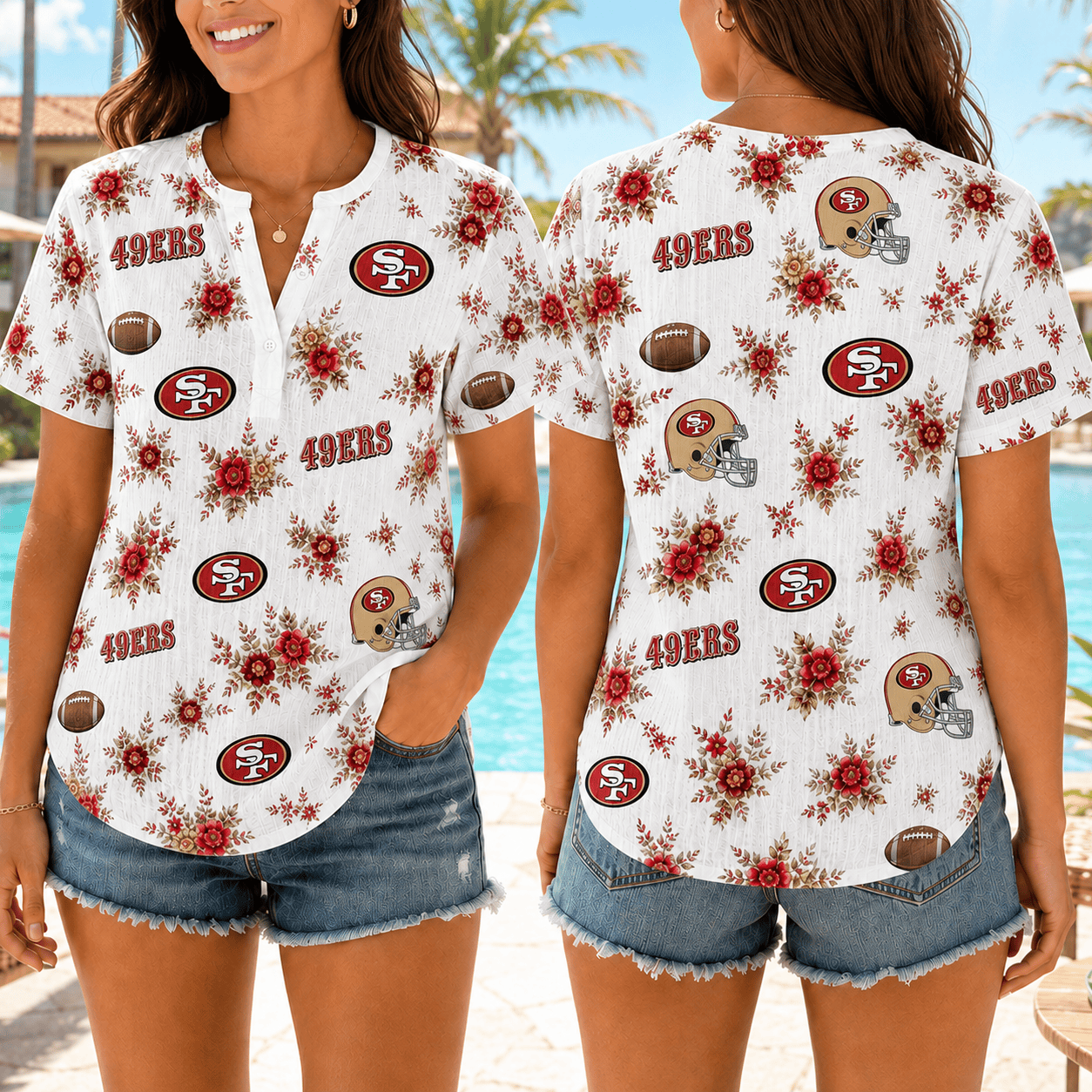 San Francisco 49ers | Premium NFL Floral Football Women’s Summer Linen Shirt TD