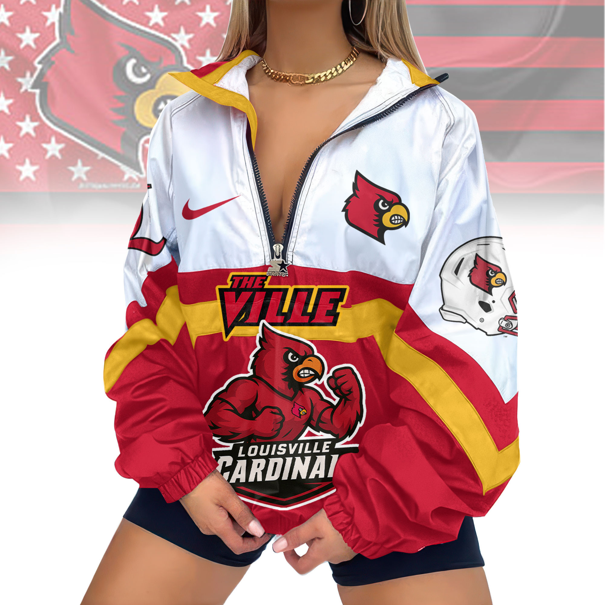 Louisville Cardinals | Premium Women's Printed V-Neck Zipper Sweatshirt Jackets TD