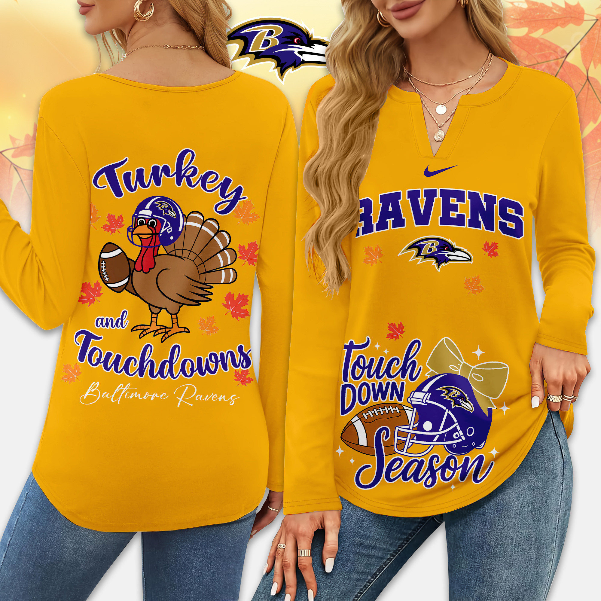 Baltimore Ravens | Premium NFL Turkey and Touchdowns V-neck Long Sleeve Shirt TD