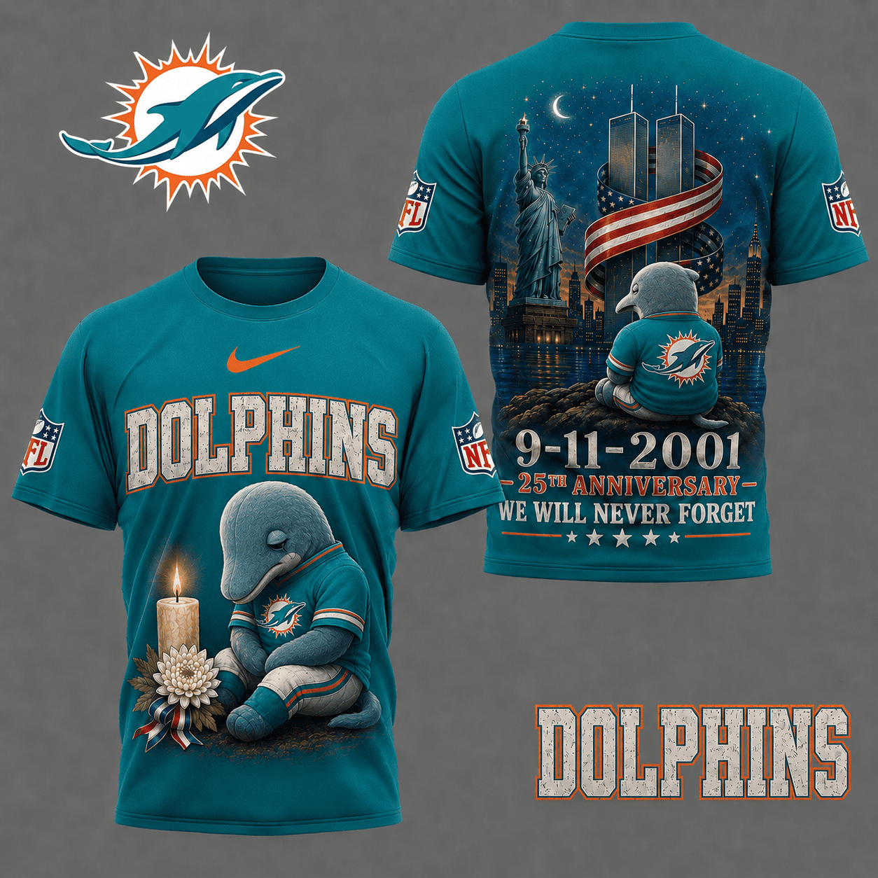 Miami Dolphins| Premium NFL 9/11 25th Anniversary Never Forget Memorial 3D Shirt NY
