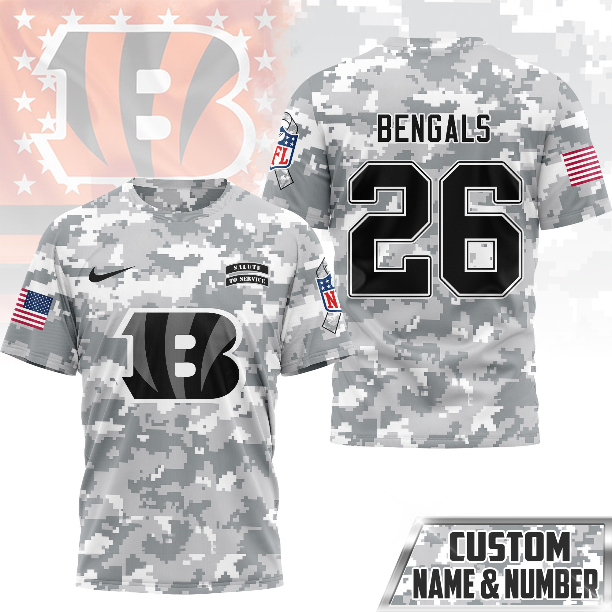 Cincinnati Bengals | Premium NFL Salute to Service Custom Name & Number Camo 3D Shirt NY