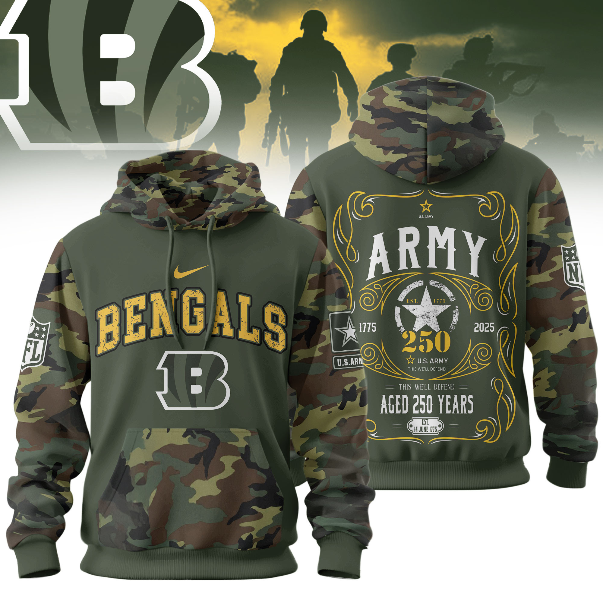 Cincinnati Bengals | Premium NFL US Army 250th anniversary 3D Hoodie TD