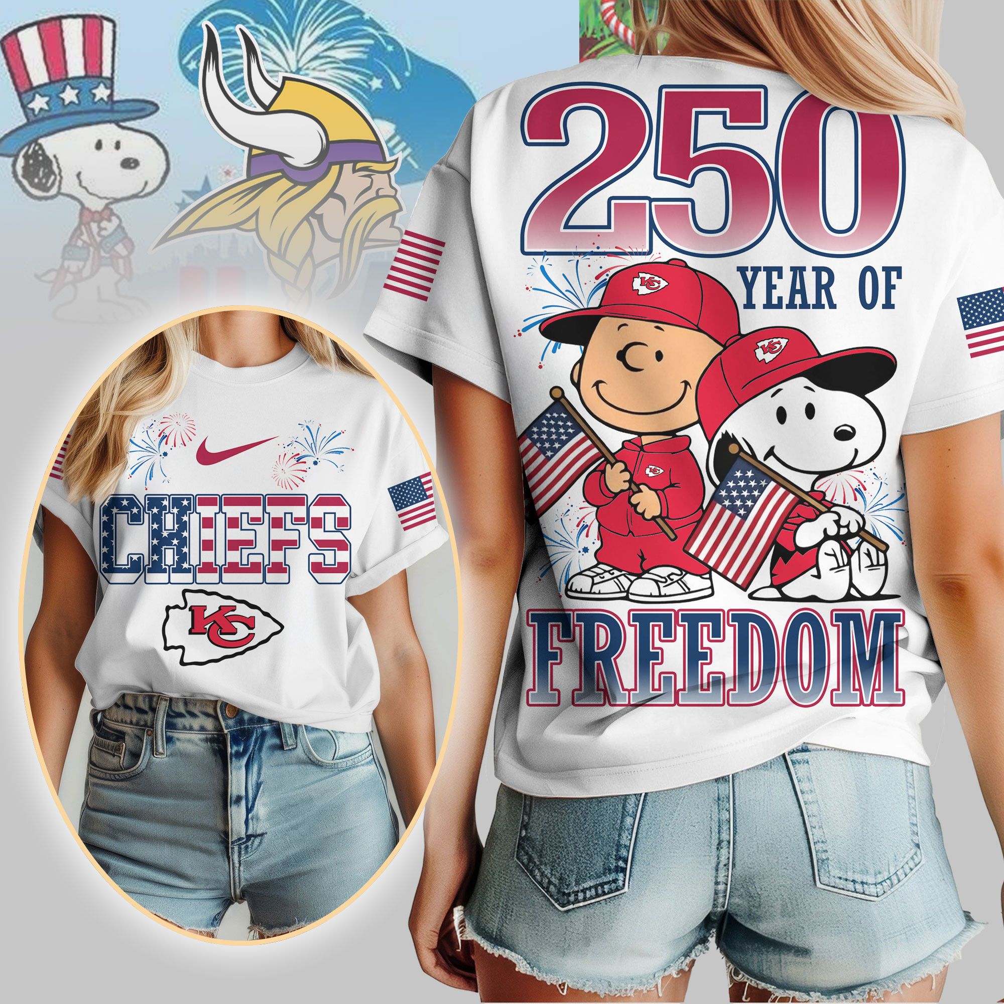 Kansas City Chiefs | Premium NFL Peanuts 250 Years Of Freedom 3D Shirt NP