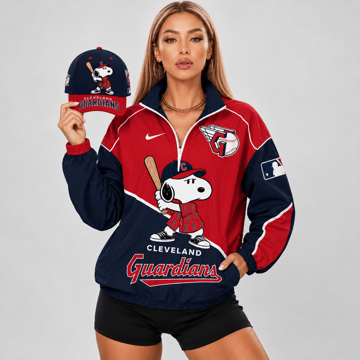Cleveland Guardians | Premium MLB Snoopy Clubhouse Swing V-neck Jacket And Cap Set