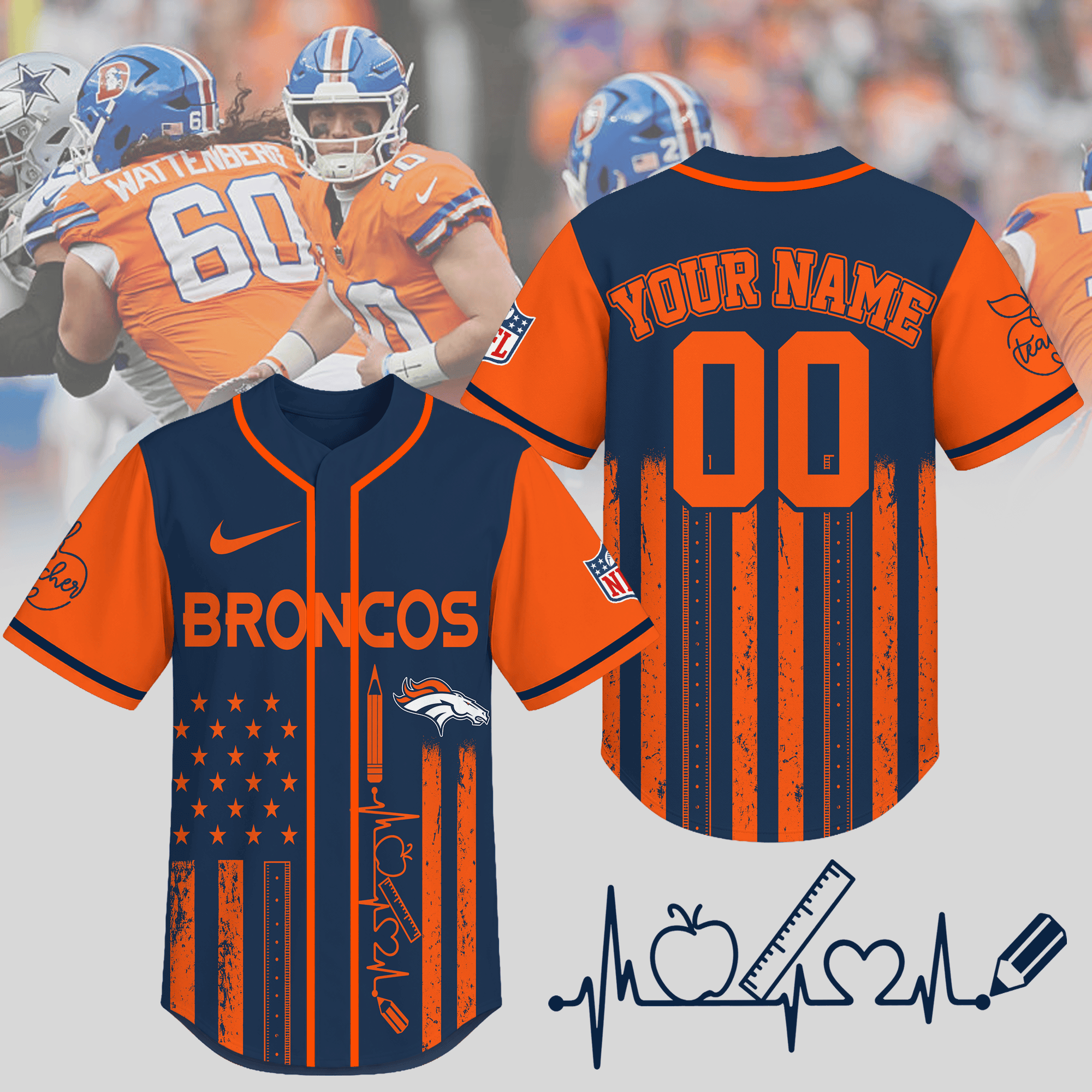Denver Broncos | Premium NFL Personalized Teacher Heartbeat Jersey NTH1