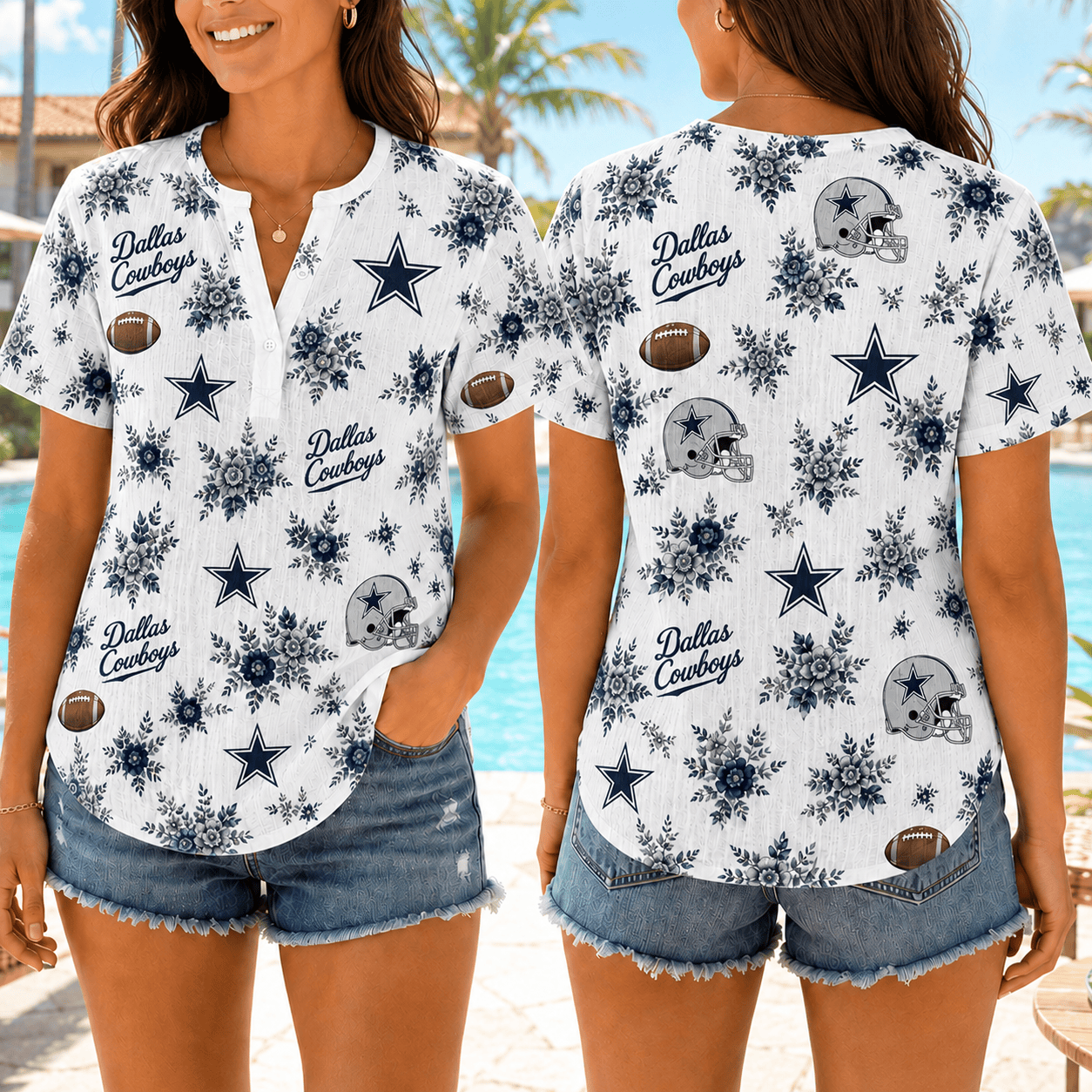 Dallas Cowboys | Premium NFL Floral Football Women’s Summer Linen Shirt TD