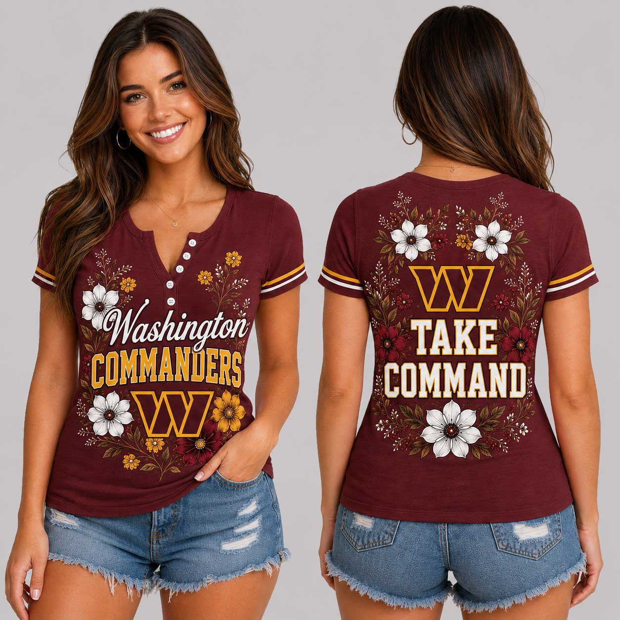 Washington Commanders | Premium NFL Team Pride Elegant Game Day Women’s Button V-Neck Shirt TD