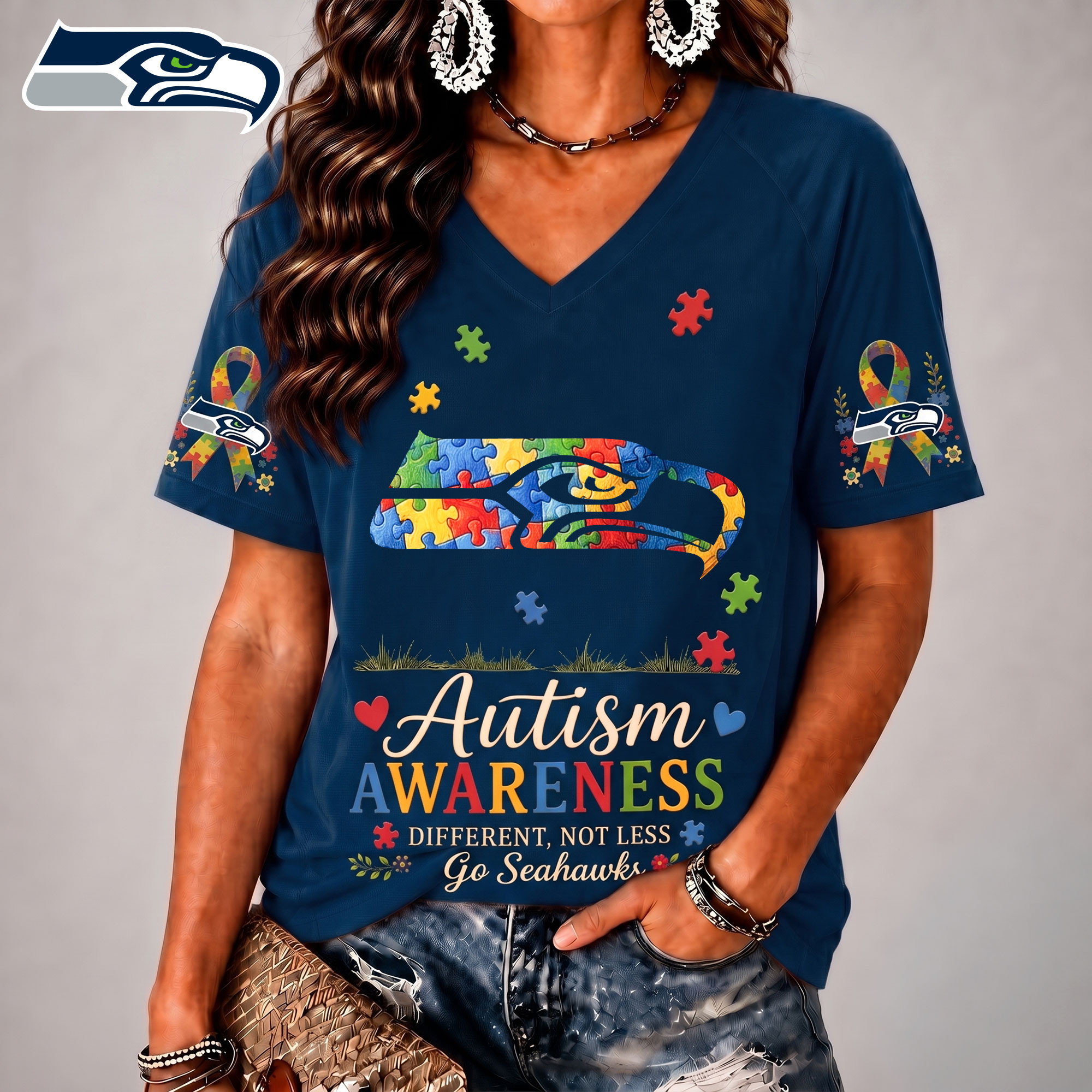 Seattle Seahawks | Premium NFL Different, Not Less Autism Awareness V-neck Shirt NY