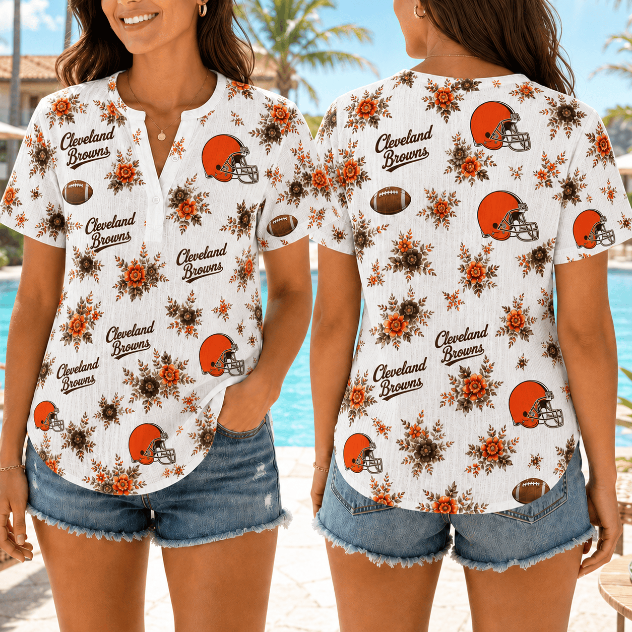 Cleveland Browns | Premium NFL Floral Football Women’s Summer Linen Shirt TD