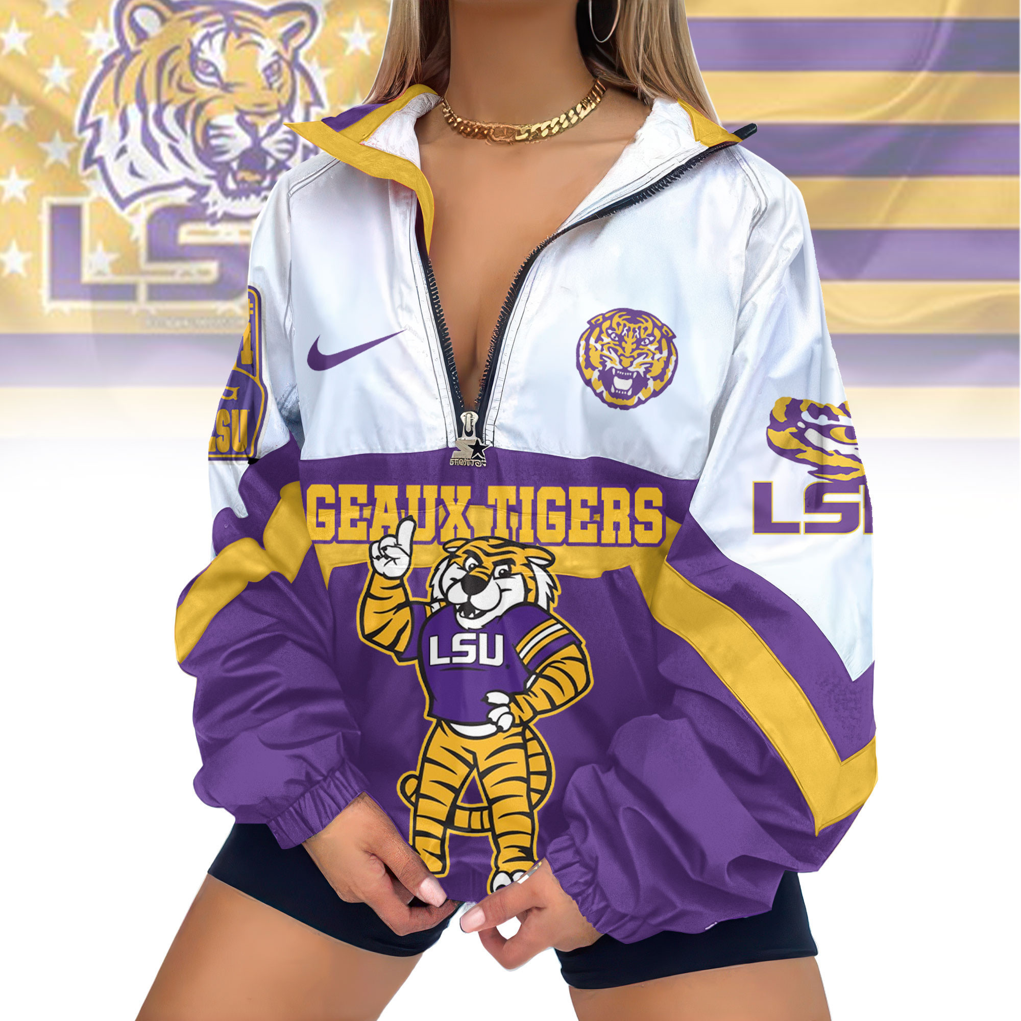 LSU Tigers | Premium Women's Printed V-Neck Zipper Sweatshirt Jackets TD