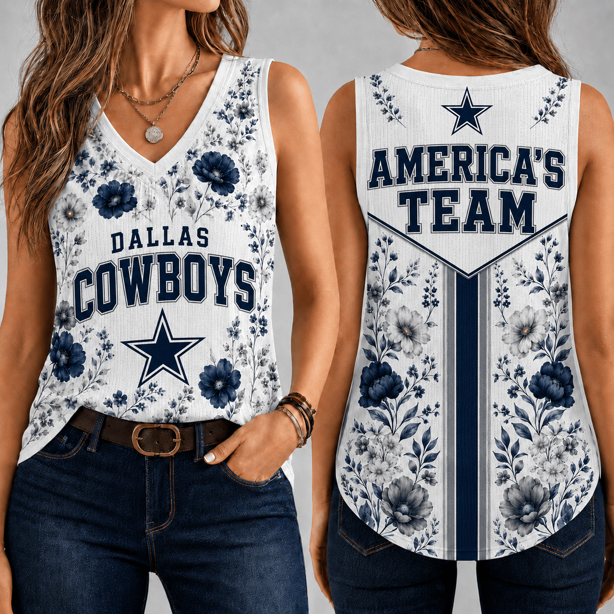 Dallas Cowboys | Premium NFL Floral Vintage Game Day Women’s V-Neck Tank Top TD