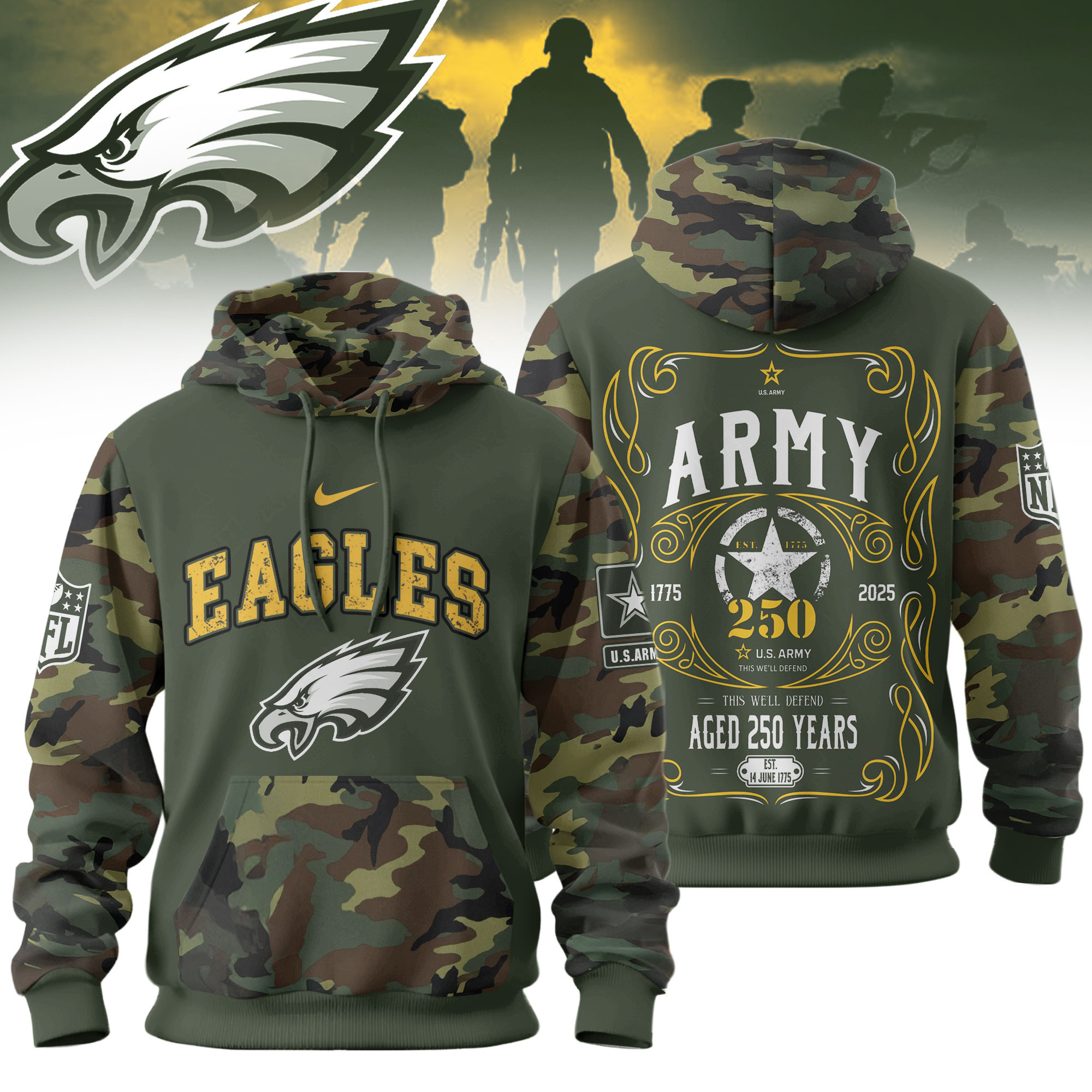 Philadelphia Eagles | Premium NFL US Army 250th anniversary 3D Hoodie TD