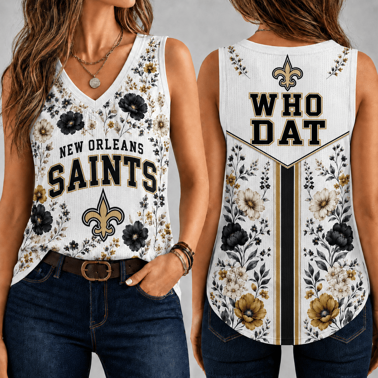New Orleans Saints | Premium NFL Floral Vintage Game Day Women’s V-Neck Tank Top TD