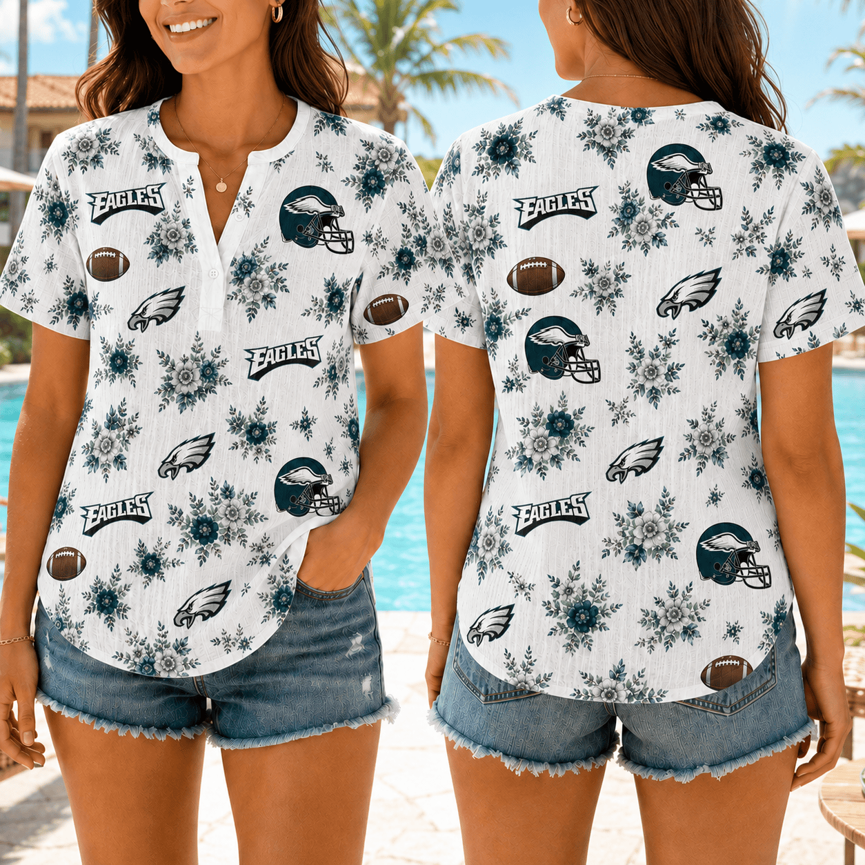 Philadelphia Eagles | Premium NFL Floral Football Women’s Summer Linen Shirt TD