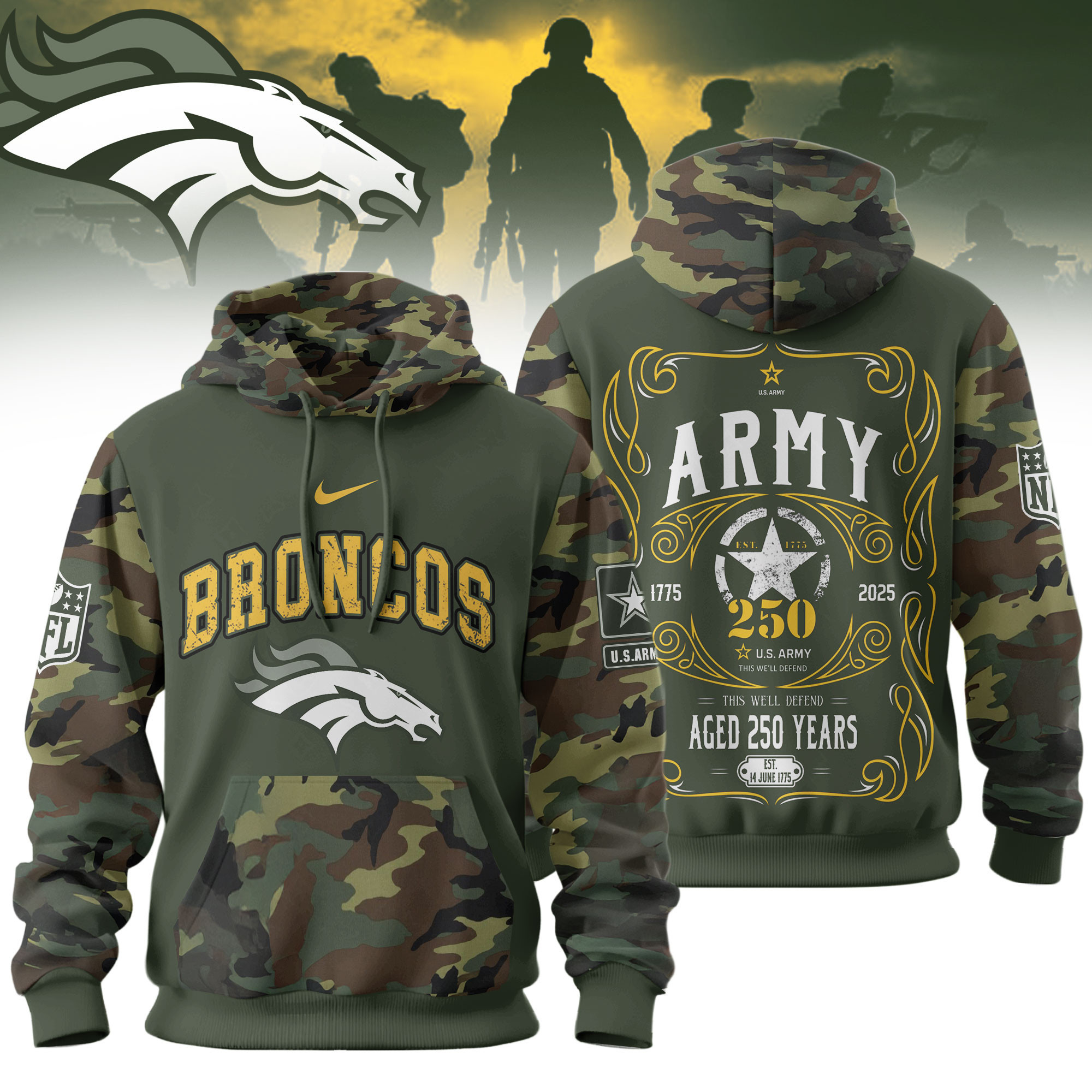 Denver Broncos | Premium NFL US Army 250th anniversary 3D Hoodie TD
