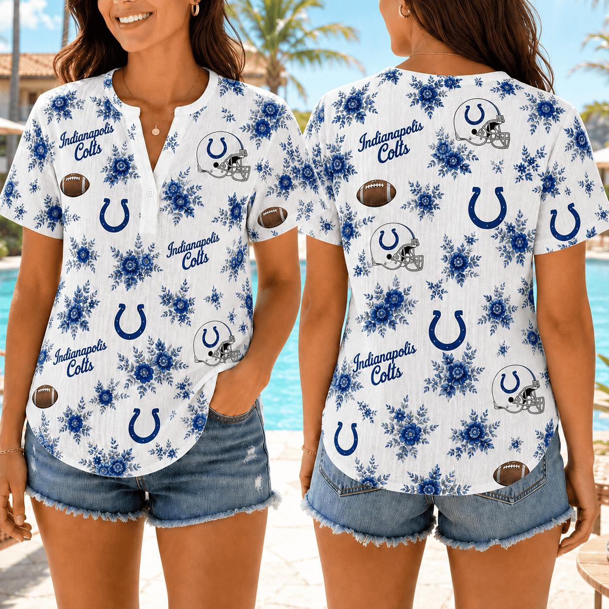 Indianapolis Colts | Premium NFL Floral Football Women’s Summer Linen Shirt TD