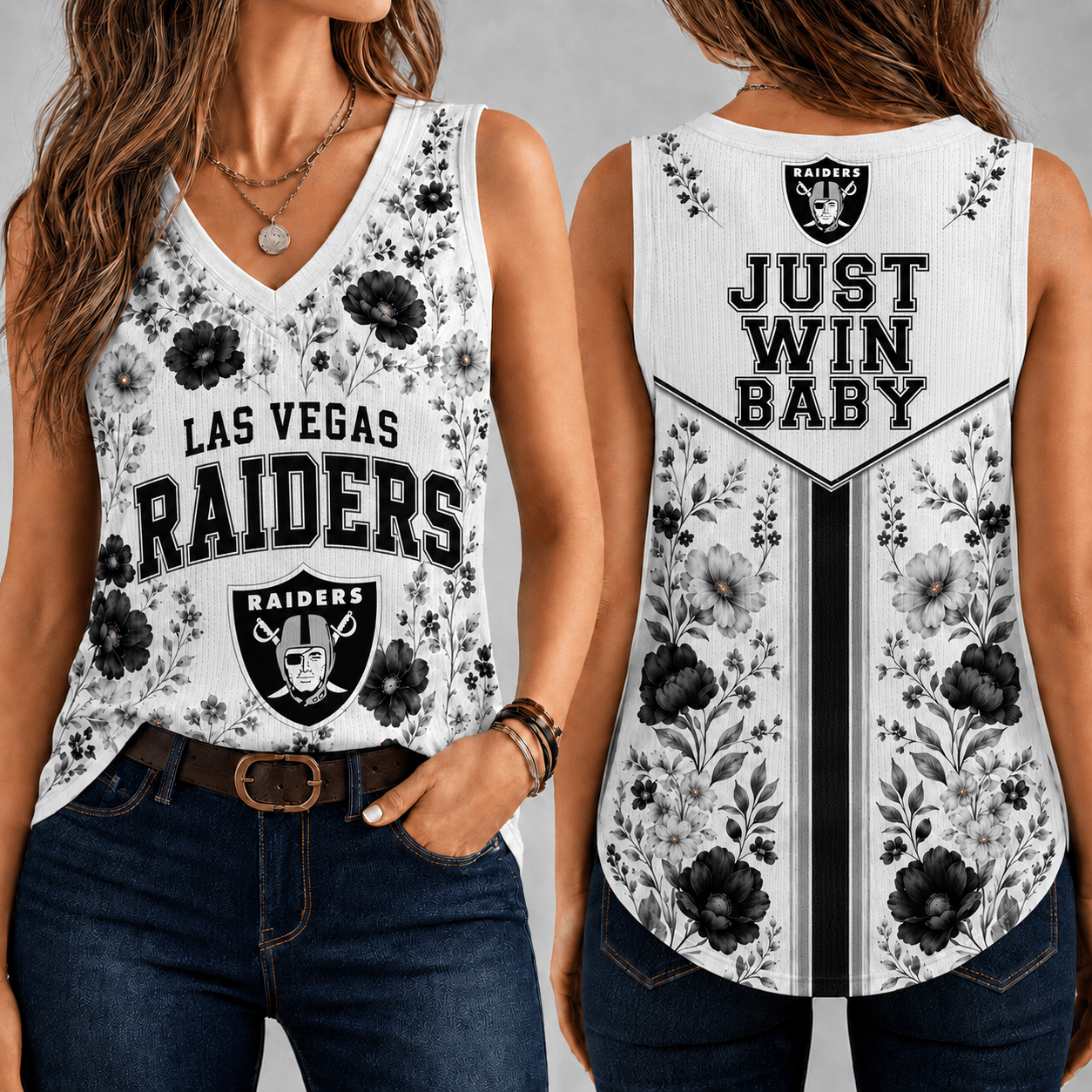Las Vegas Raiders | Premium NFL Floral Vintage Game Day Women’s V-Neck Tank Top TD