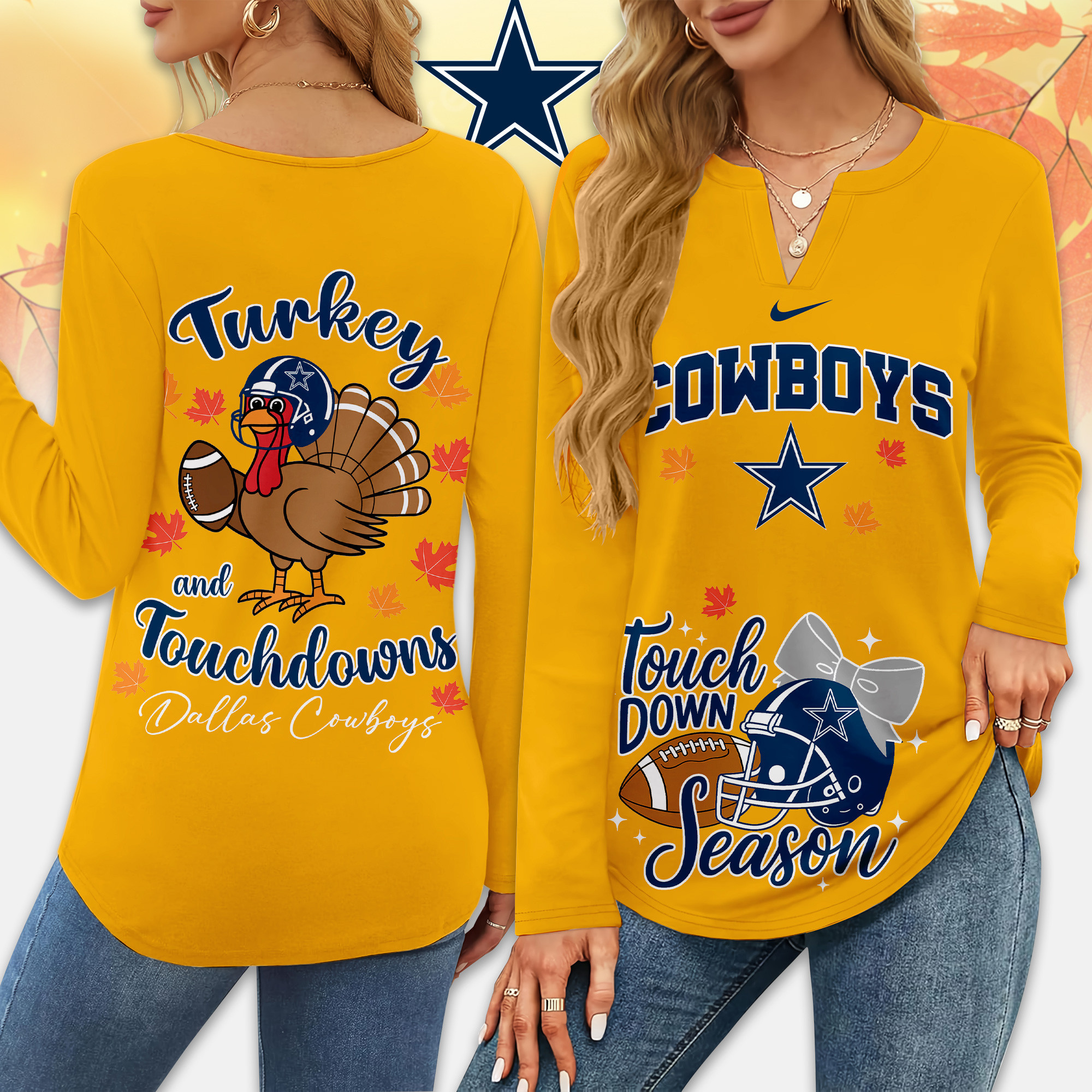 Dallas Cowboys | Premium NFL Turkey and Touchdowns V-neck Long Sleeve Shirt TD