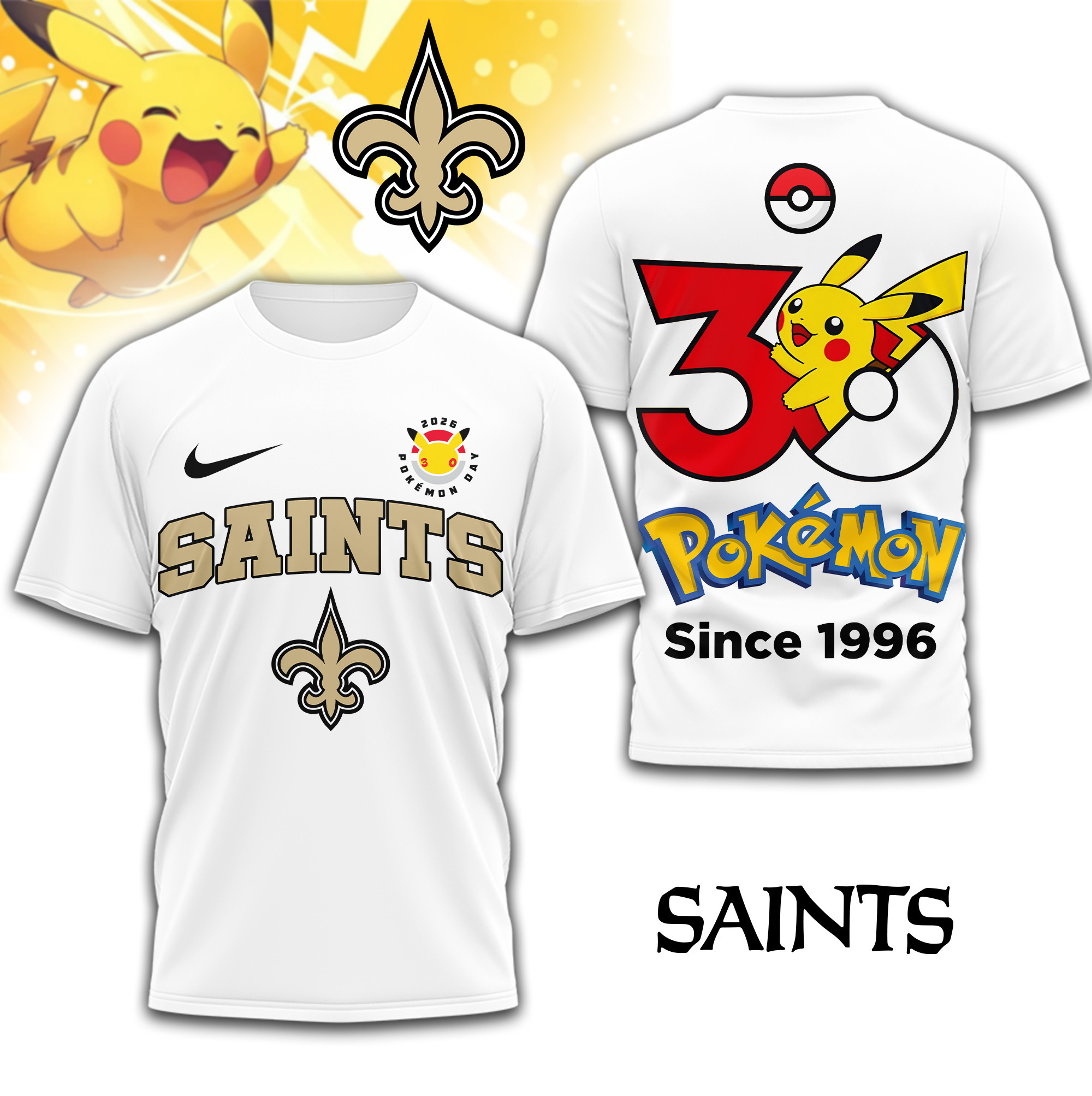 New Orleans Saints | Premium NFL Pokemon 30th Anniversary 3D Shirt TD