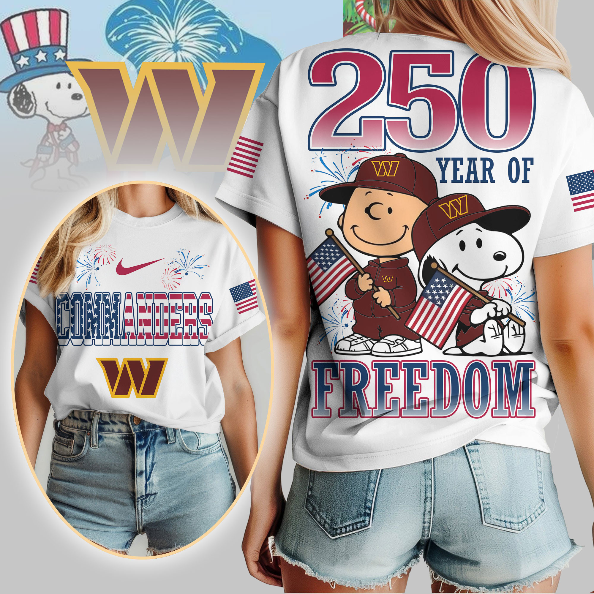 Washington Commanders | Premium NFL Peanuts 250 Years Of Freedom 3D Shirt NP