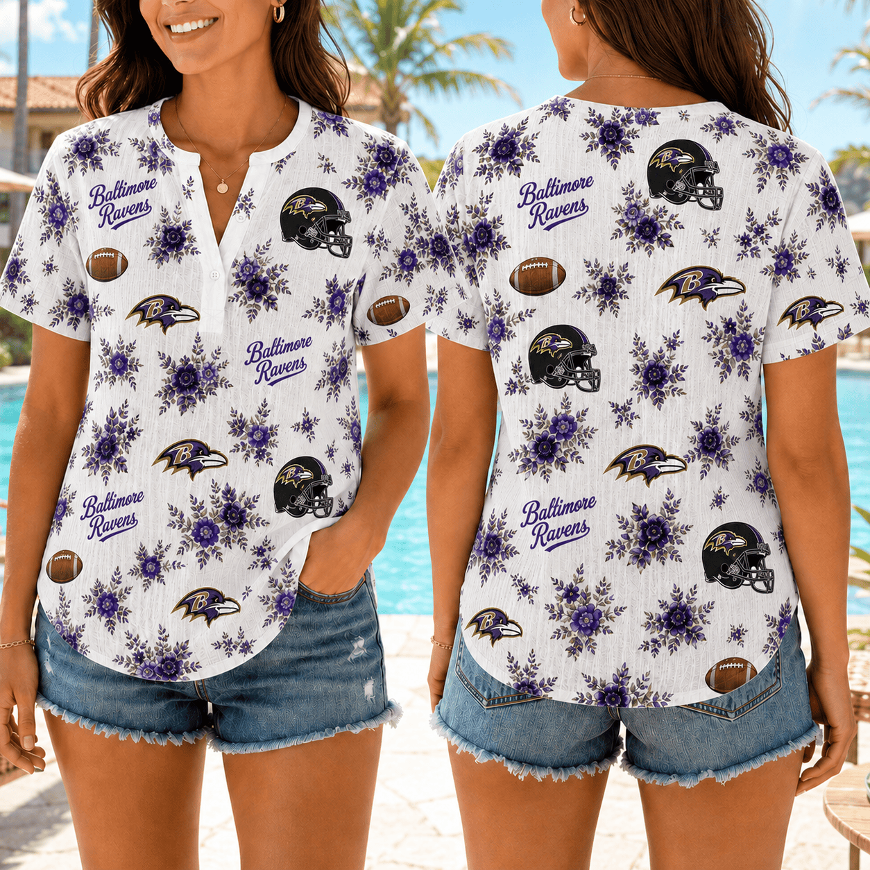 Baltimore Ravens | Premium NFL Floral Football Women’s Summer Linen Shirt TD