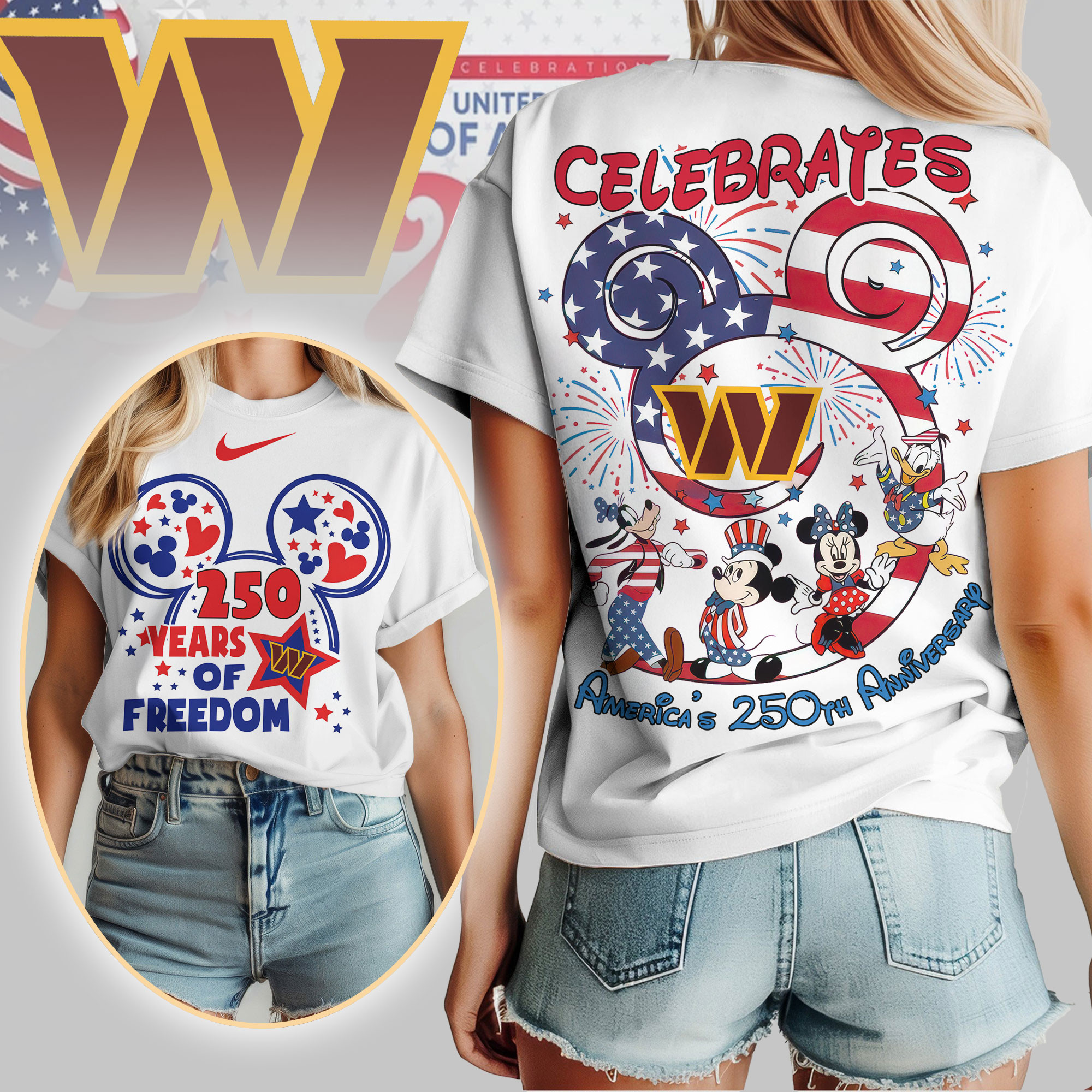 Washington Commanders | Premium NFL Mickey Celebrates America 250th Anniversary Women Shirt TD