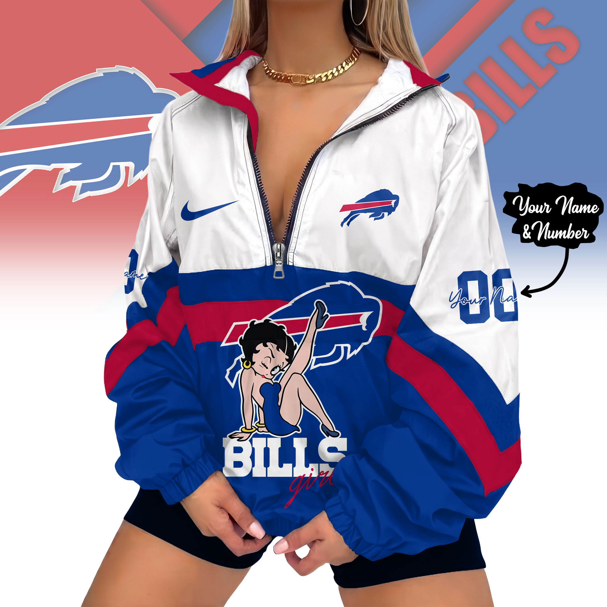 Buffalo Bills | Premium NFL Custom Game Day Girl Windbreaker V-Neck Zipper Sweatshirt Jackets NTH1