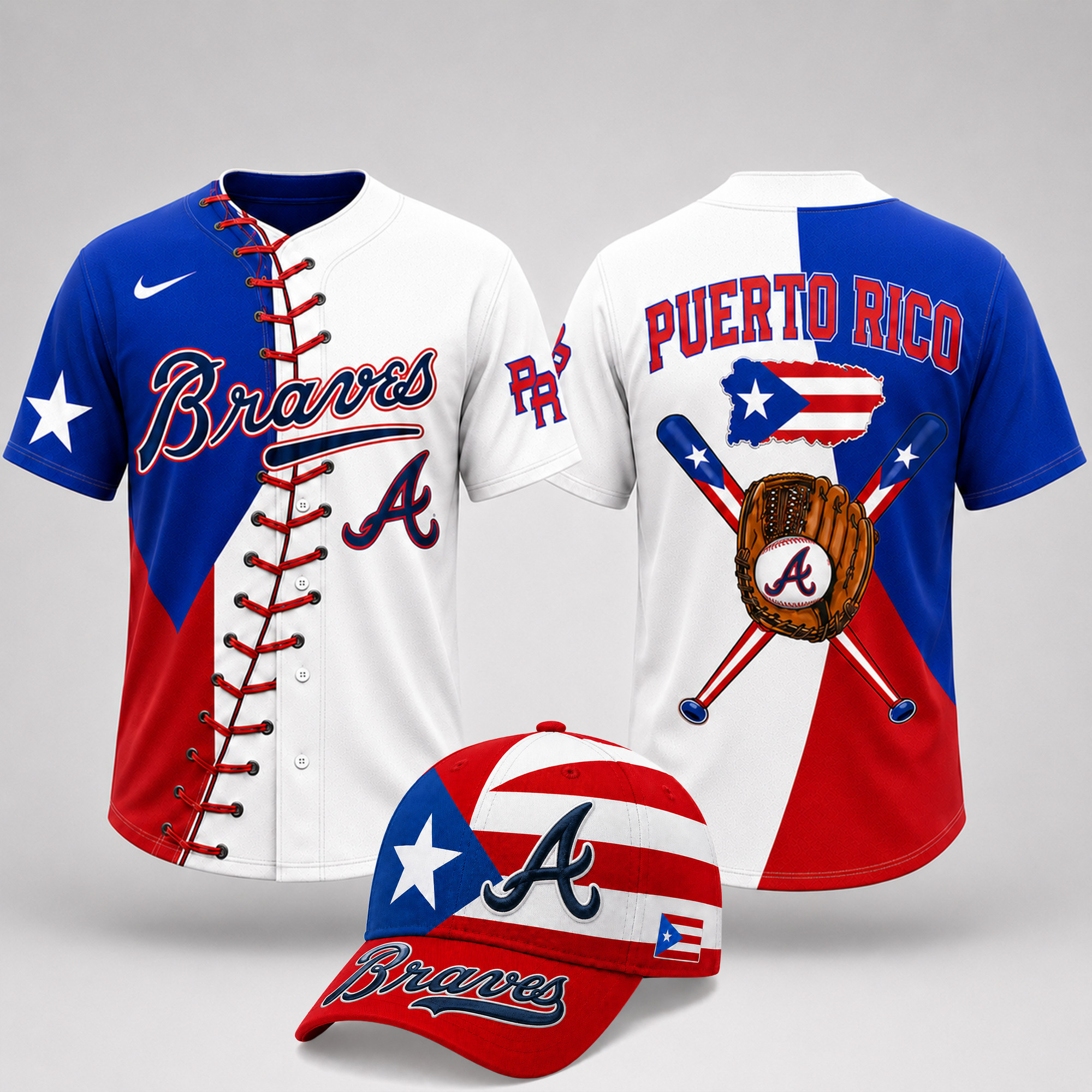 Atlanta Braves | Premium MLB Puerto Rico Island Pride Baseball Jersey And Cap Set