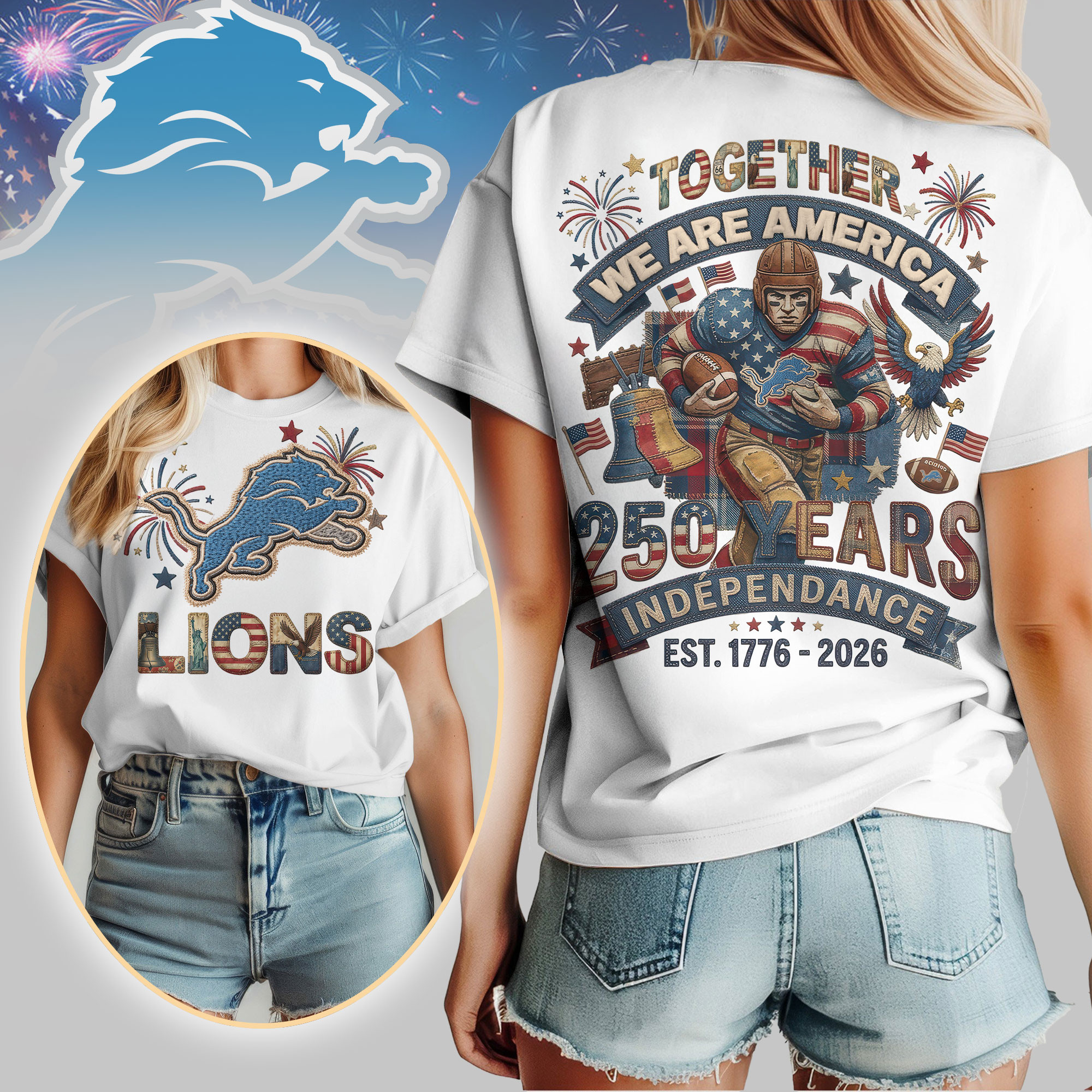 Detroit Lions | Premium NFL 250th Anniversary Of America Patchwork Women Shirt HY