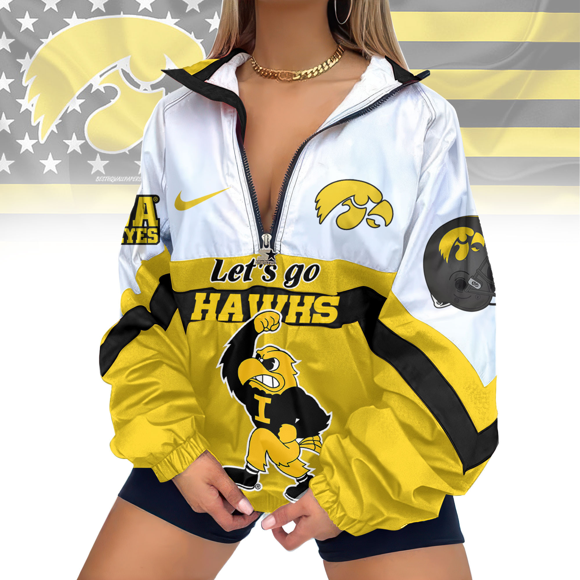 Iowa Hawkeyes | Premium Women's Printed V-Neck Zipper Sweatshirt Jackets TD