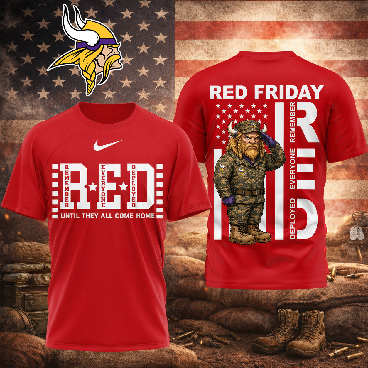 Minnesota Vikings | Premium NFL Red Friday Remember Everyone Deployed Veteran Tribute T-Shirt TD
