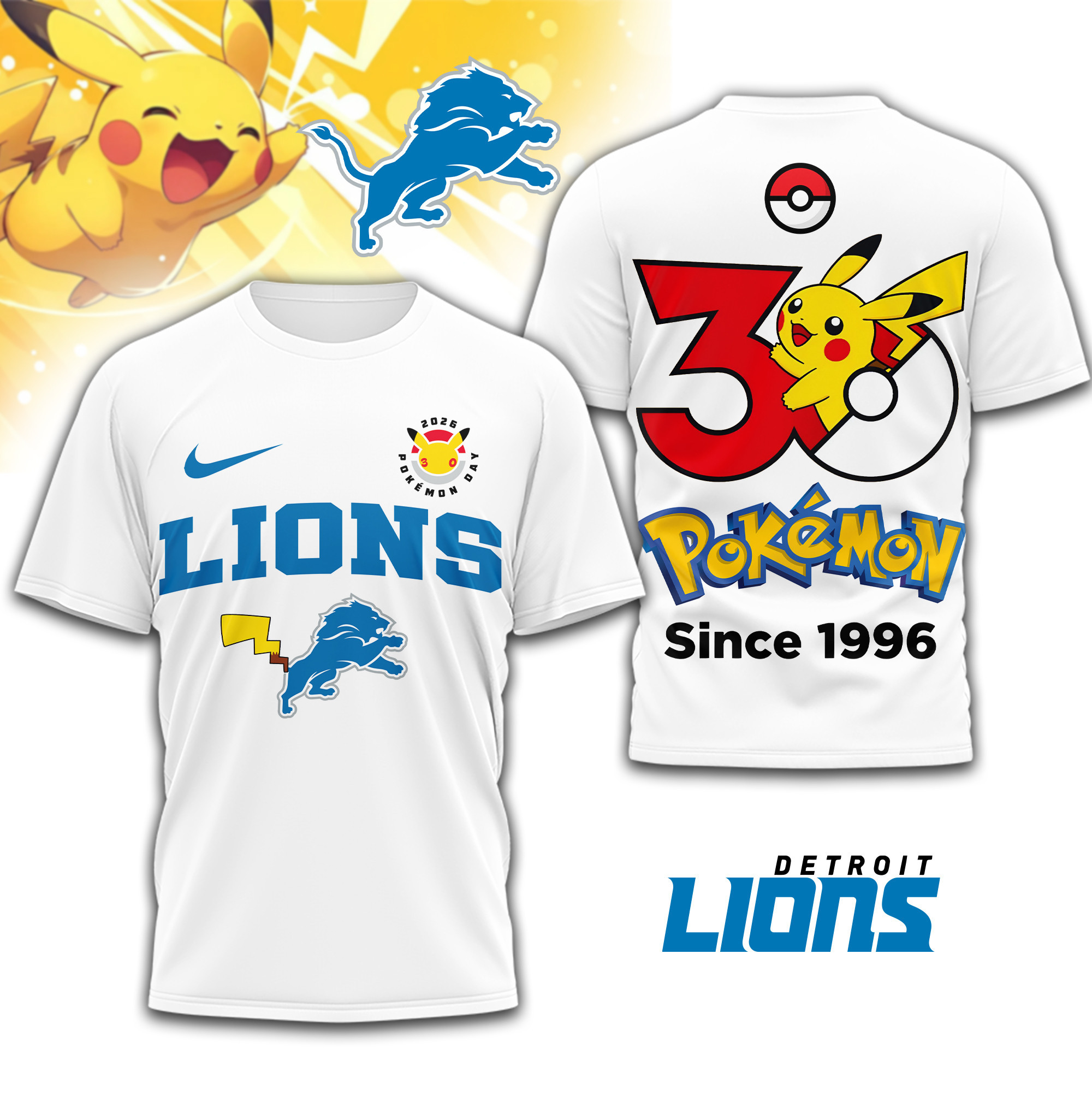 Detroit Lions | Premium NFL Pokemon 30th Anniversary 3D Shirt TD