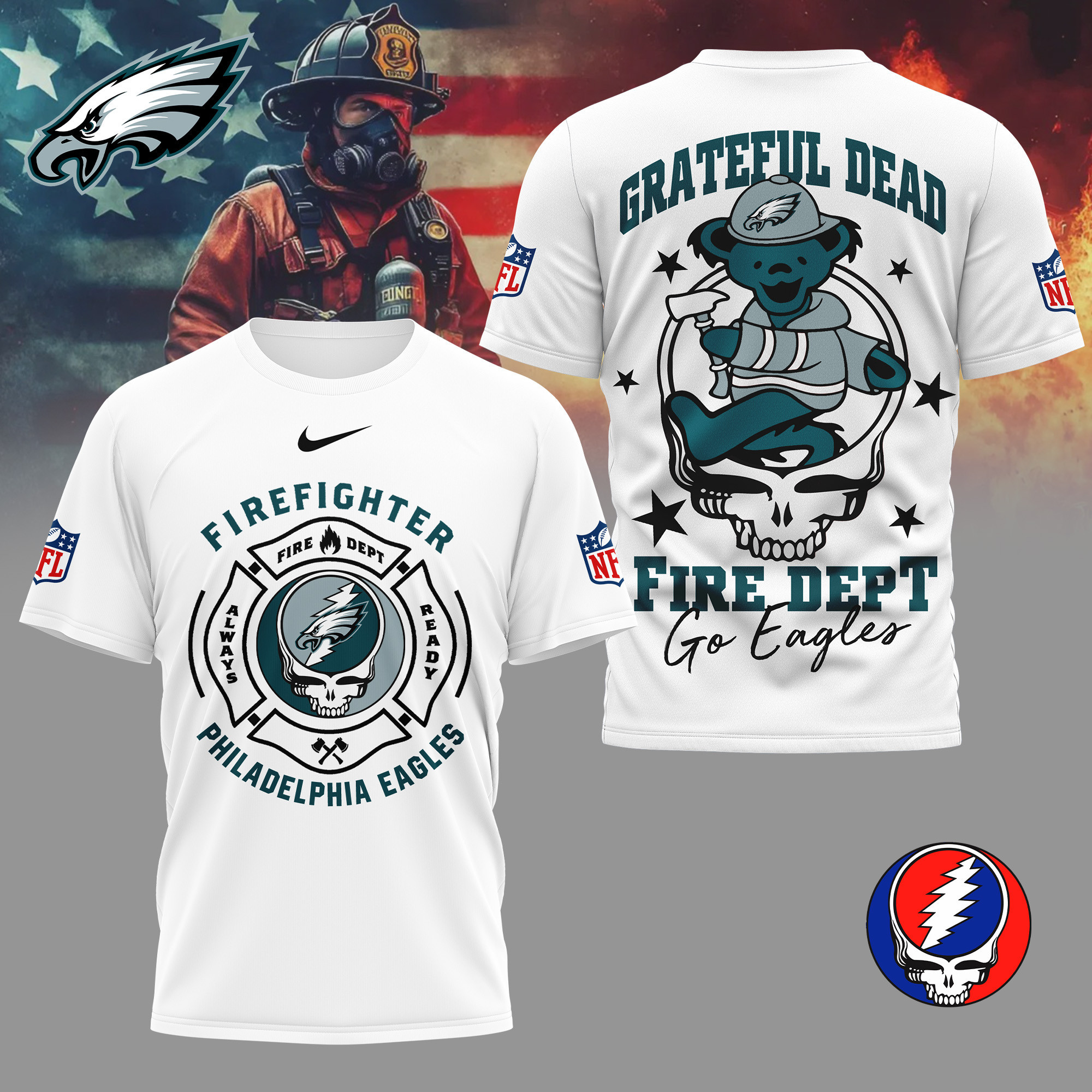 Philadelphia Eagles | Premium NFL Grateful Dead Firefighter 3D Shirt NY
