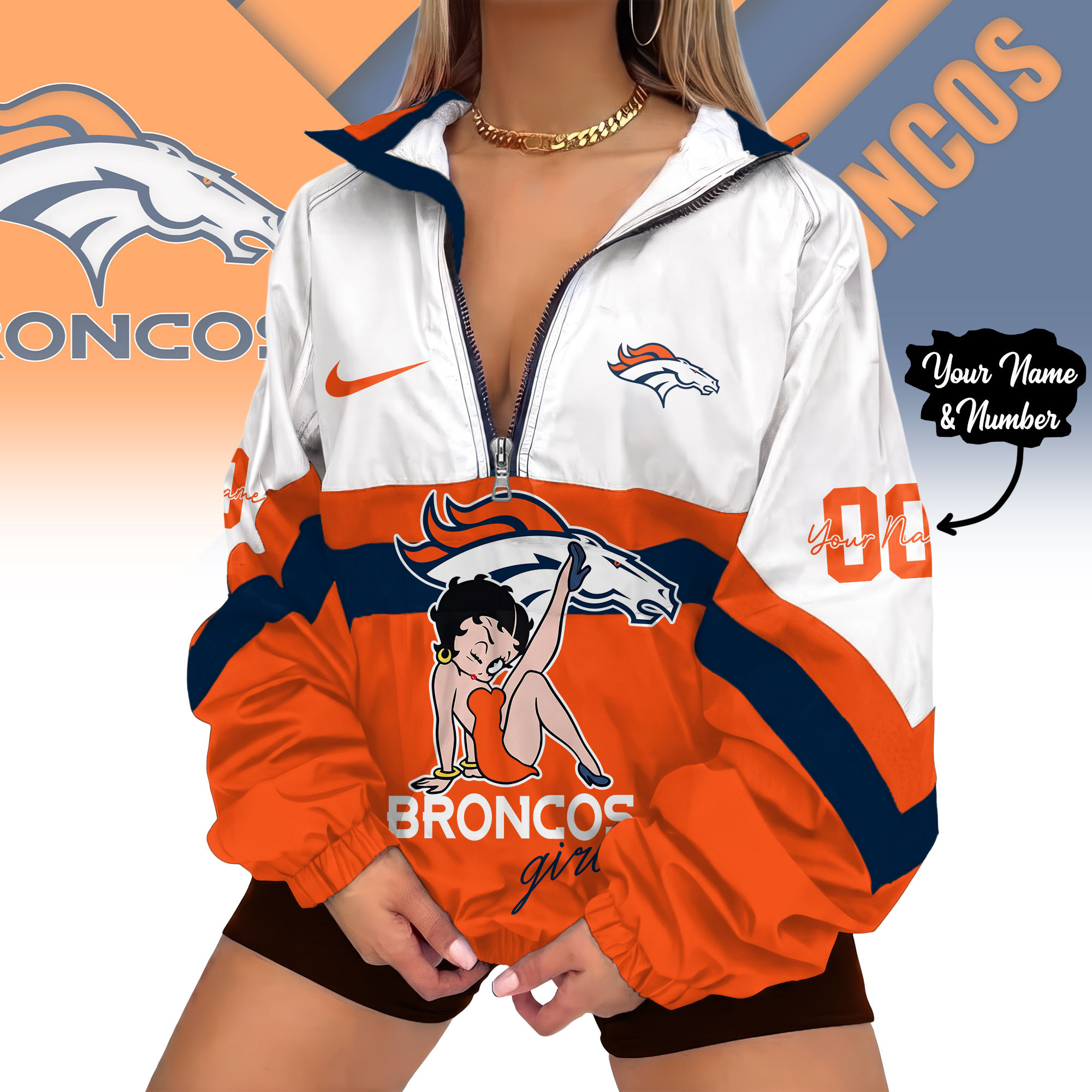 Denver Broncos | Premium NFL Custom Game Day Girl Windbreaker V-Neck Zipper Sweatshirt Jackets NTH1