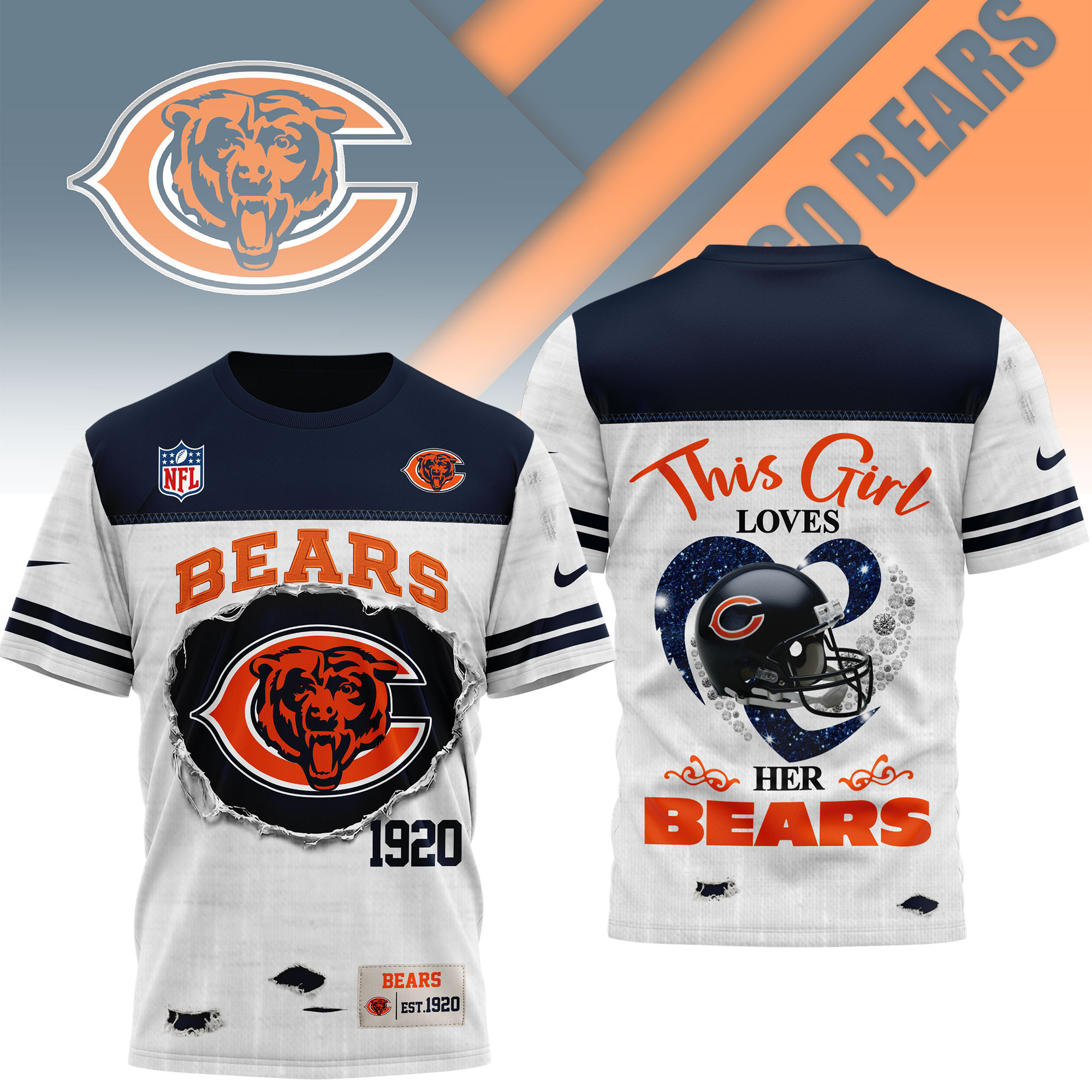 Chicago Bears | Premium NFL Girl Heart & Helmet 3D Shirt NTH1